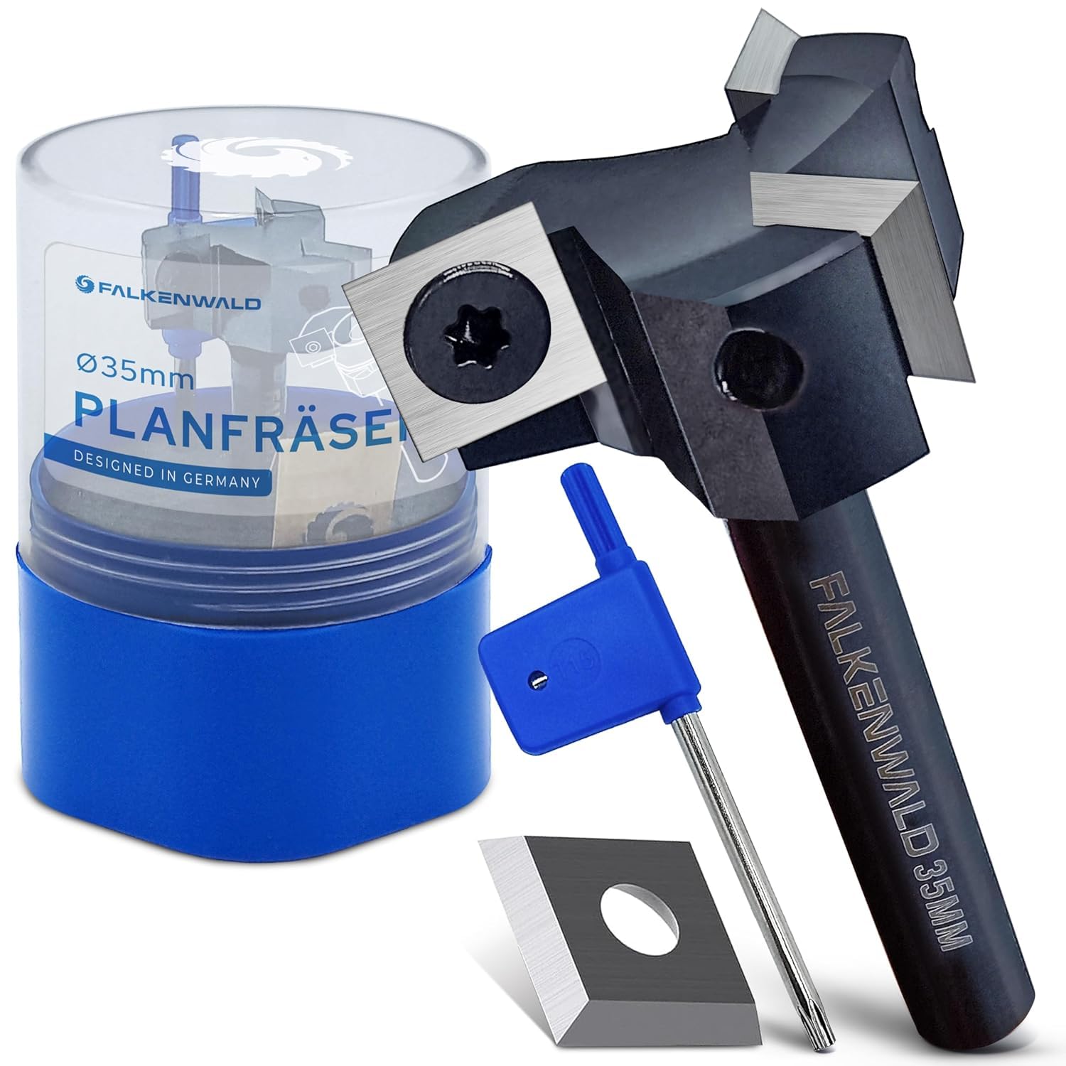 Falkenwald Planfräser 8mm schaft für Holz Ø 35 mm - Planfräser für Oberfräse aus Wolframstahl mit Ersatzplatte - Ideal zum Planfräsen/Nutfräsen/Kantenfräsen
