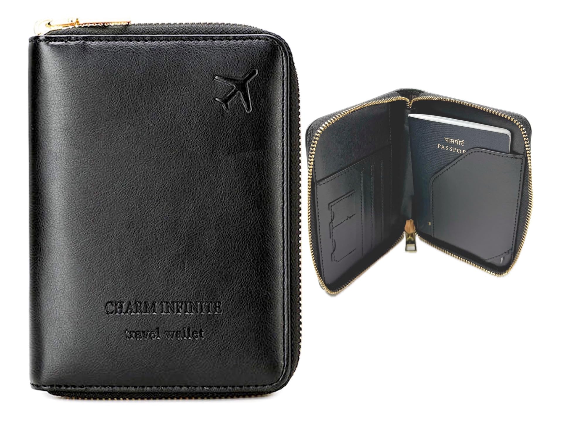 Passport Cover Case with Zip, 2 Passport Slots, 3 Credit Card, Boarding Pass, 2 Sim Slot Oragniser Pouch for Travel, Pocket Size - 15 Cm x 11 Cm PU Leather Black-image-45