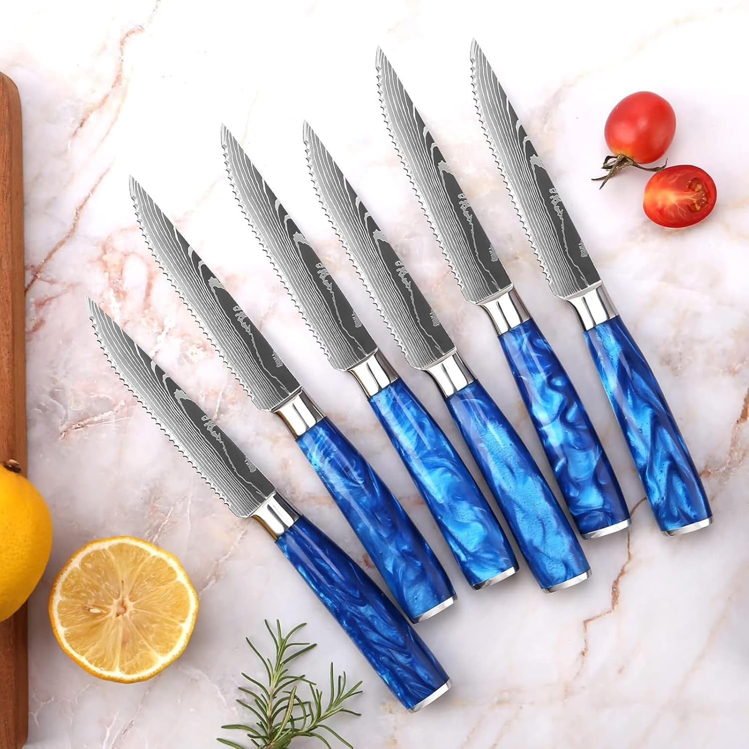 Steak Knife Set of 6 Professional Knives for Home Kitchen Utensils Set, Damascus Steel Razor-Sharp, Never Needs Sharpening Dishwasher Safe