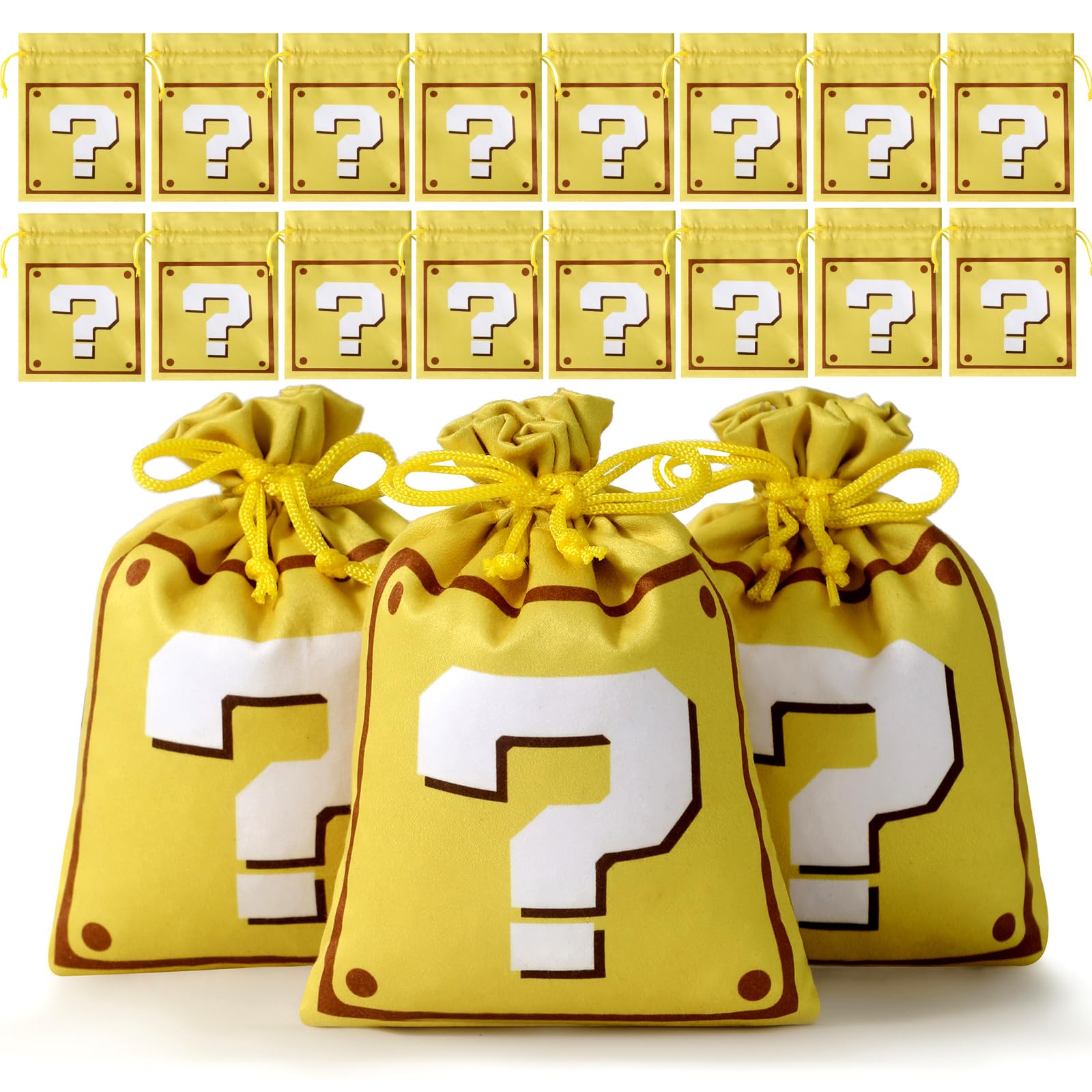 RICHNESS 16pcs Video Game Party Favor Bags Question Mark Drawstring Bags Game on Satin Party Goodie Bags