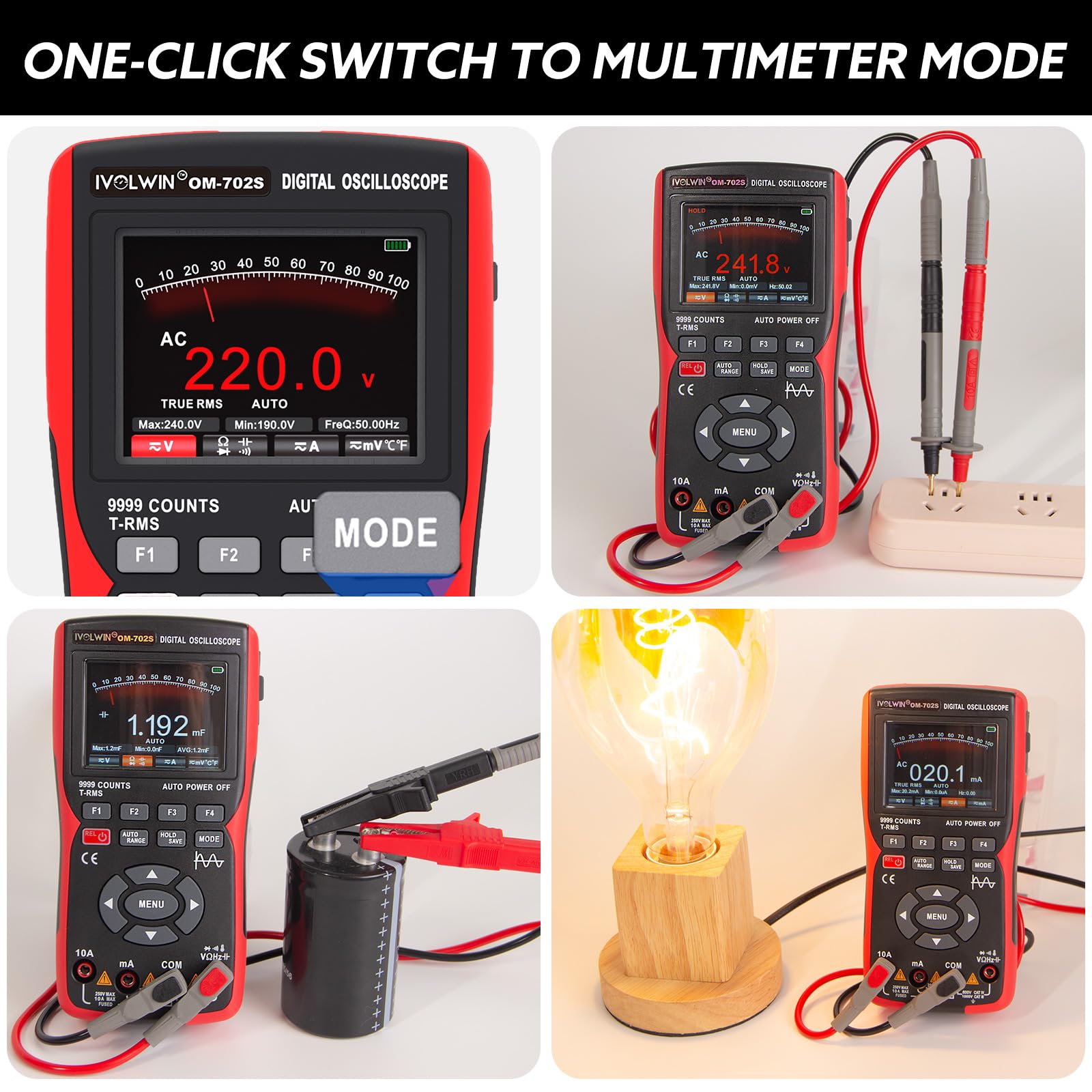 Handheld Oscilloscope & Multimeter 2-in-1 - 10MHz, 48MSa/s, 9999 Counts, Measures Voltage/Temp/Capacitance