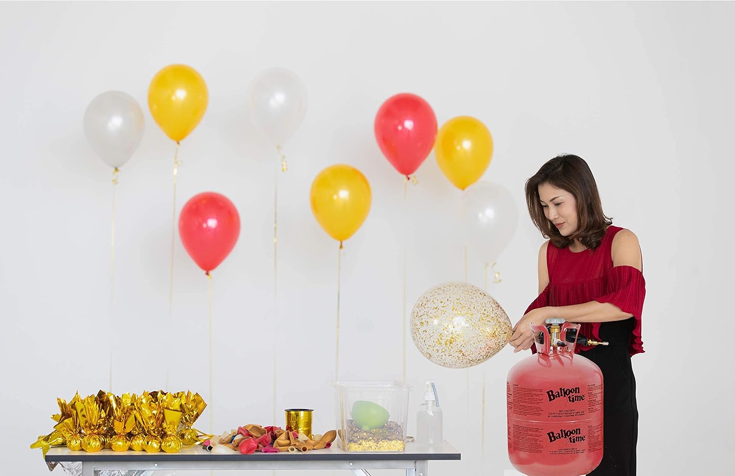 Helium Tank for Balloons At Home, 50 Balloons and White Ribbon, 12 Gold Balloon Weights, Plus Balloon Tying Tool