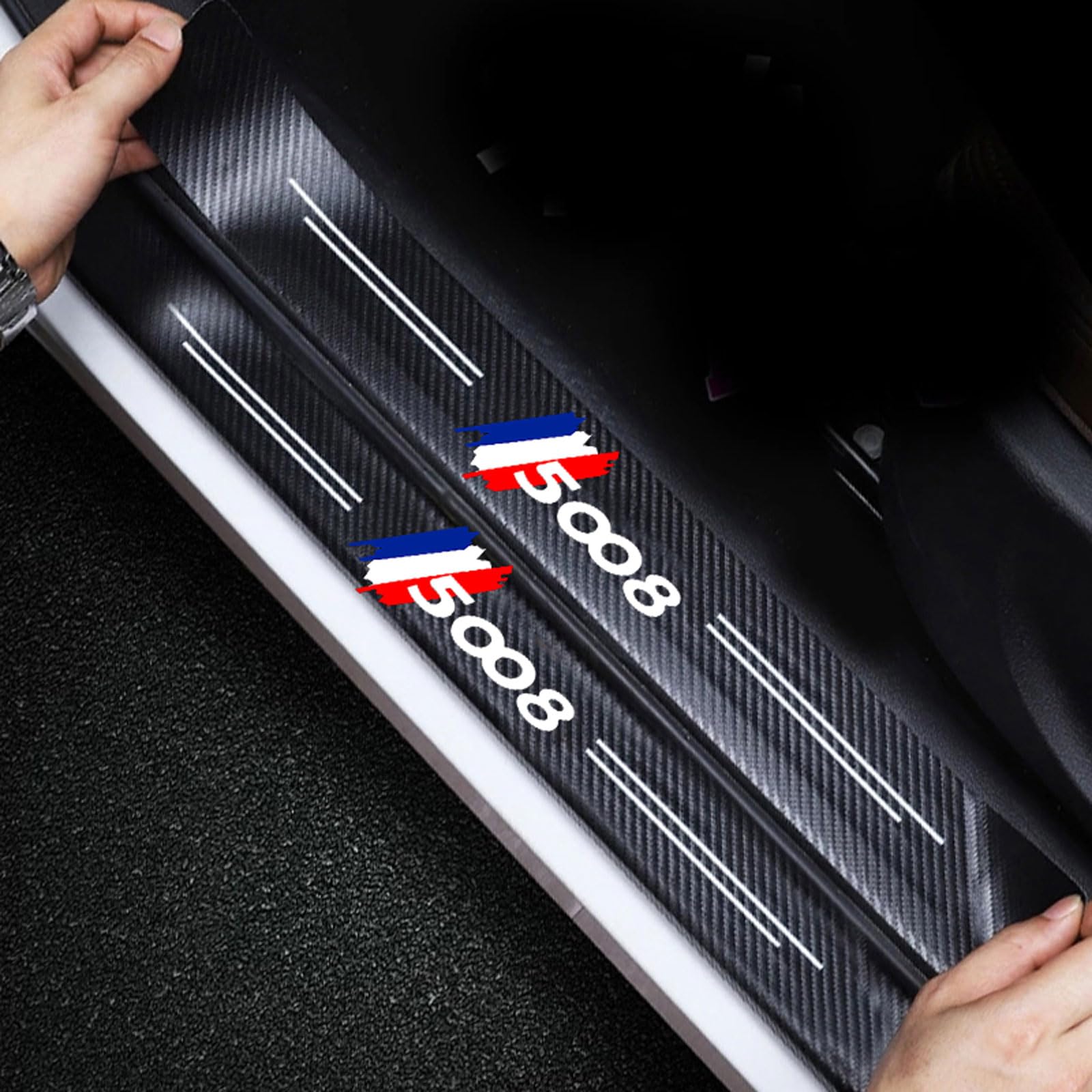 RIDGOEL 4Pcs Car Door Sill Protector Carbon Fiber Car Kick Plates for Peugeot 5008, Automobile Threshold Scuff Plate Auto Door Steps Pedal Guards Accessories 5008