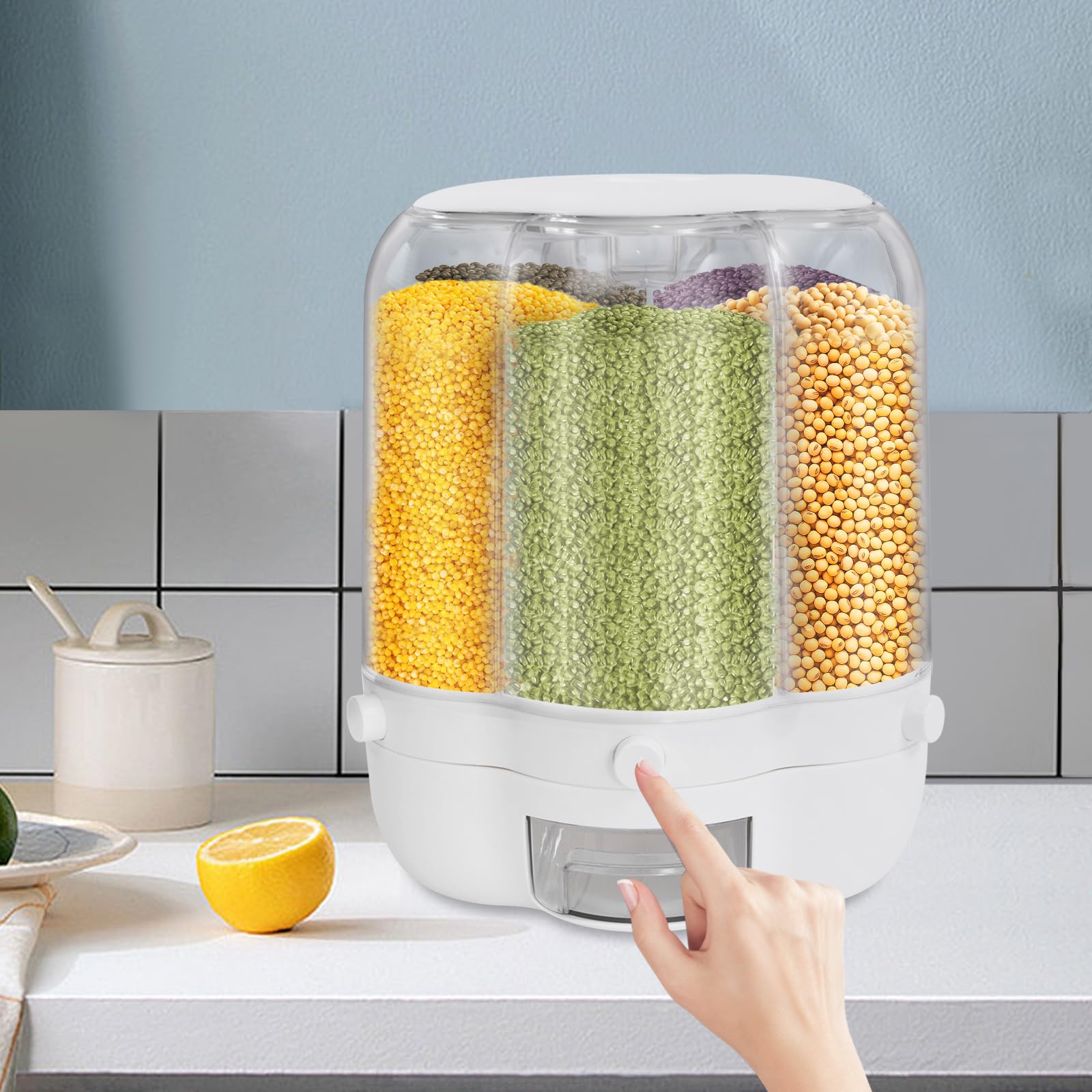 Dispenser girevole per cereali, 6 scomparti, girevole a 360°, trasparente, per farina di riso e noci in cucina e dispensa