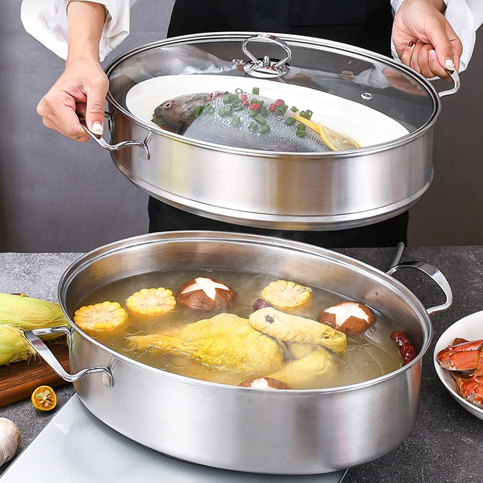 Vaporiera Ovale in Acciaio Inossidabile per Pesce, pentola per brodo di Pasta con Piatto per Pesce in Ceramica e griglia per cuocere a Vapore Pesce, Frutti di Mare, arrosto di Tacchino, A
