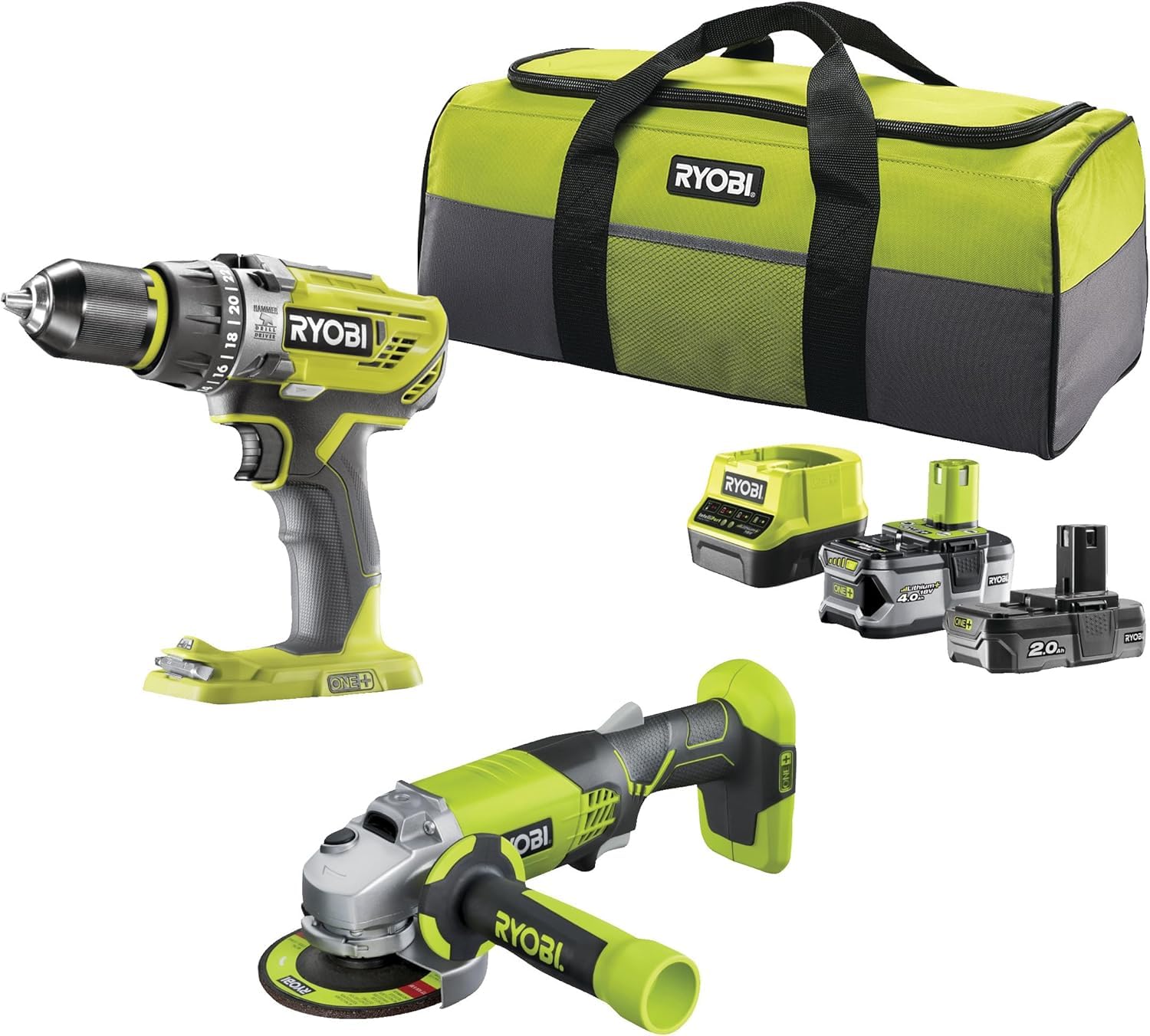 RYOBI Pack 2 outils sans fil 18 V : Perceuse a percussion + meuleuse 115mm - 2 batteries 1 x 2,0 Ah et 1 x 4,0 Ah
