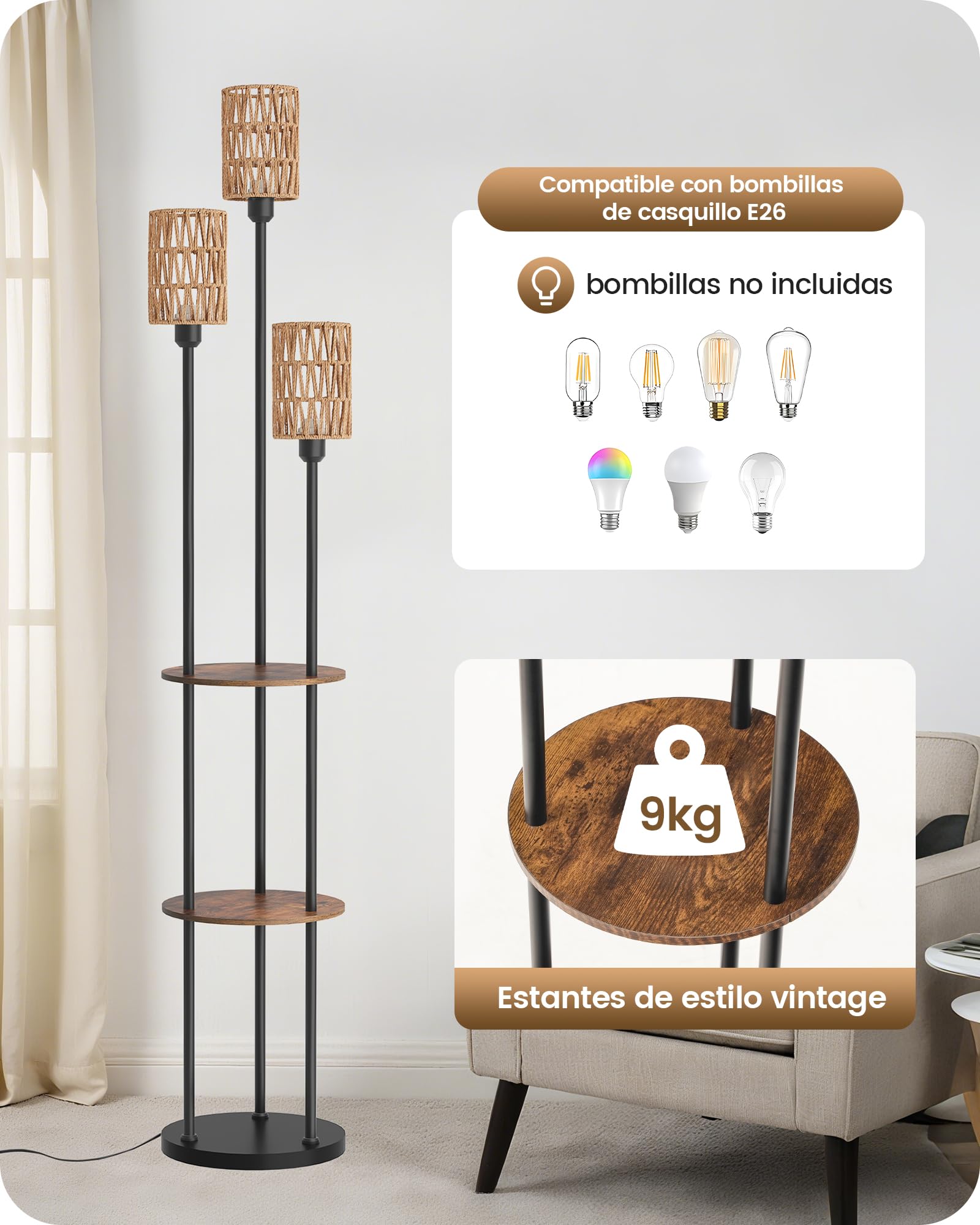 Lámpara de Pie con Estante, Estilo Bohemio, con 3 Pantallas de Imitación Ratán y 1 Interruptor de Pie, para Sala de Estar, Dormitorio, Oficina, Marrón Rústico y Amarillo