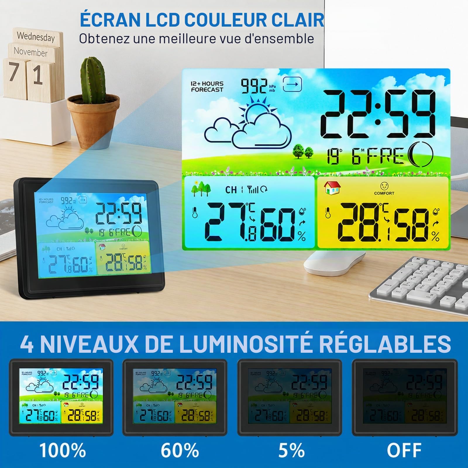 Station météo radio-pilotée avec capteur extérieur, température intérieure et extérieure, station météo radio avec prévisions météo, baromètre et phase lunaire, affichage numérique couleur horloge