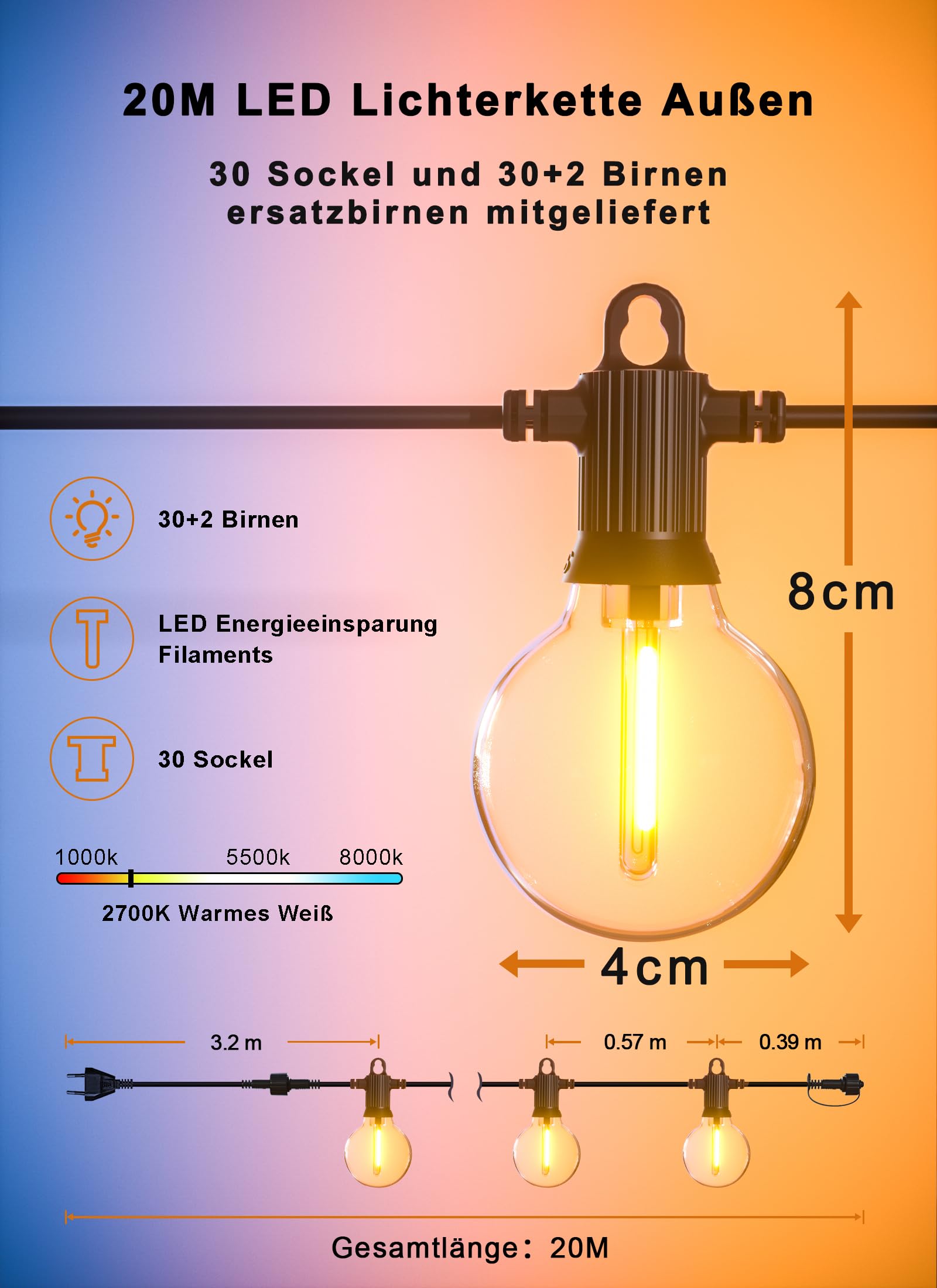 Zuske Catena luminosa da 20 m, per esterni, con 30 + 2 lampadine G40, infrangibili, IP65, impermeabile, per giardino, terrazza, matrimoni, feste, bistrò, balcone