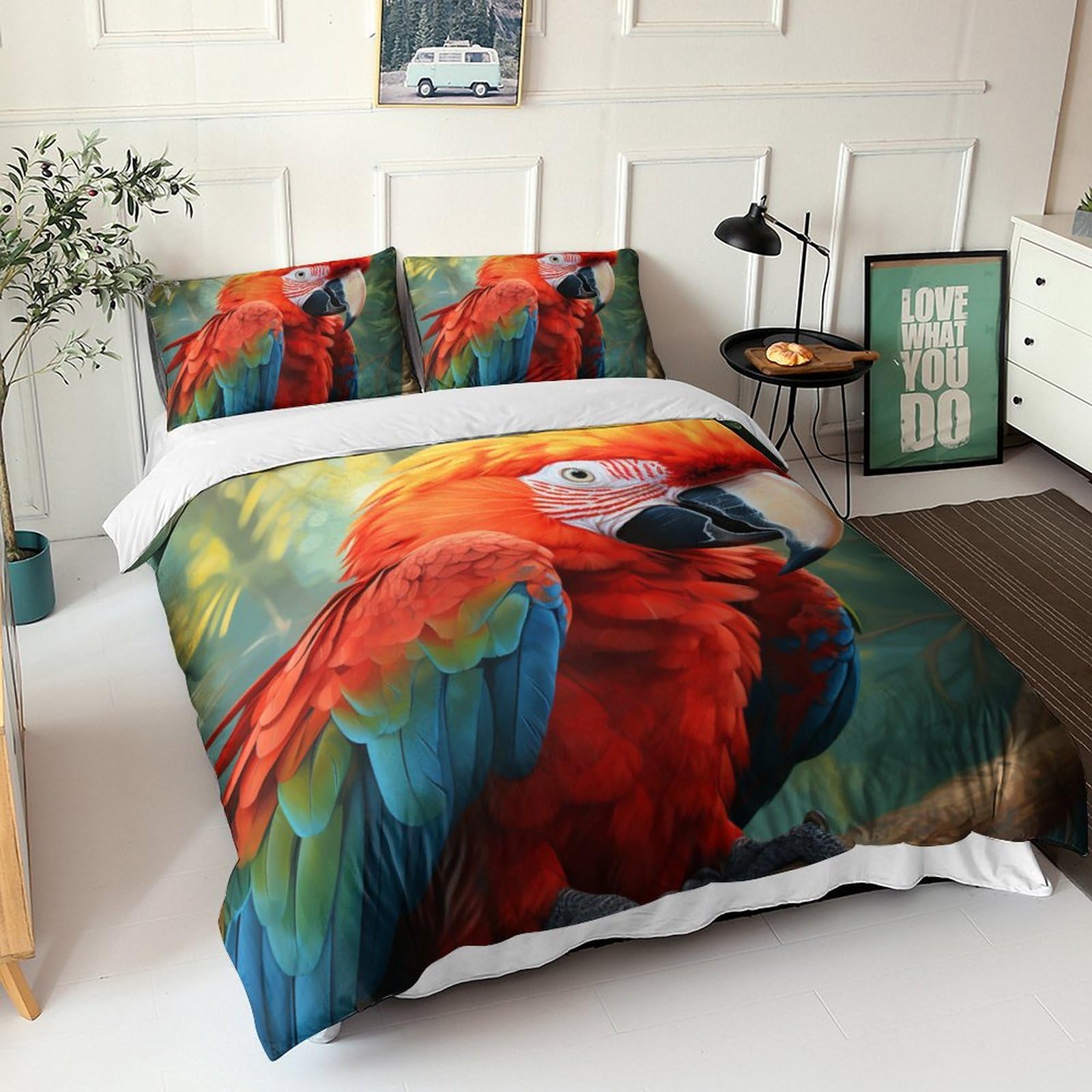 Housse de couette microfibres perroquet 220x240 anti-plis et douce 3D