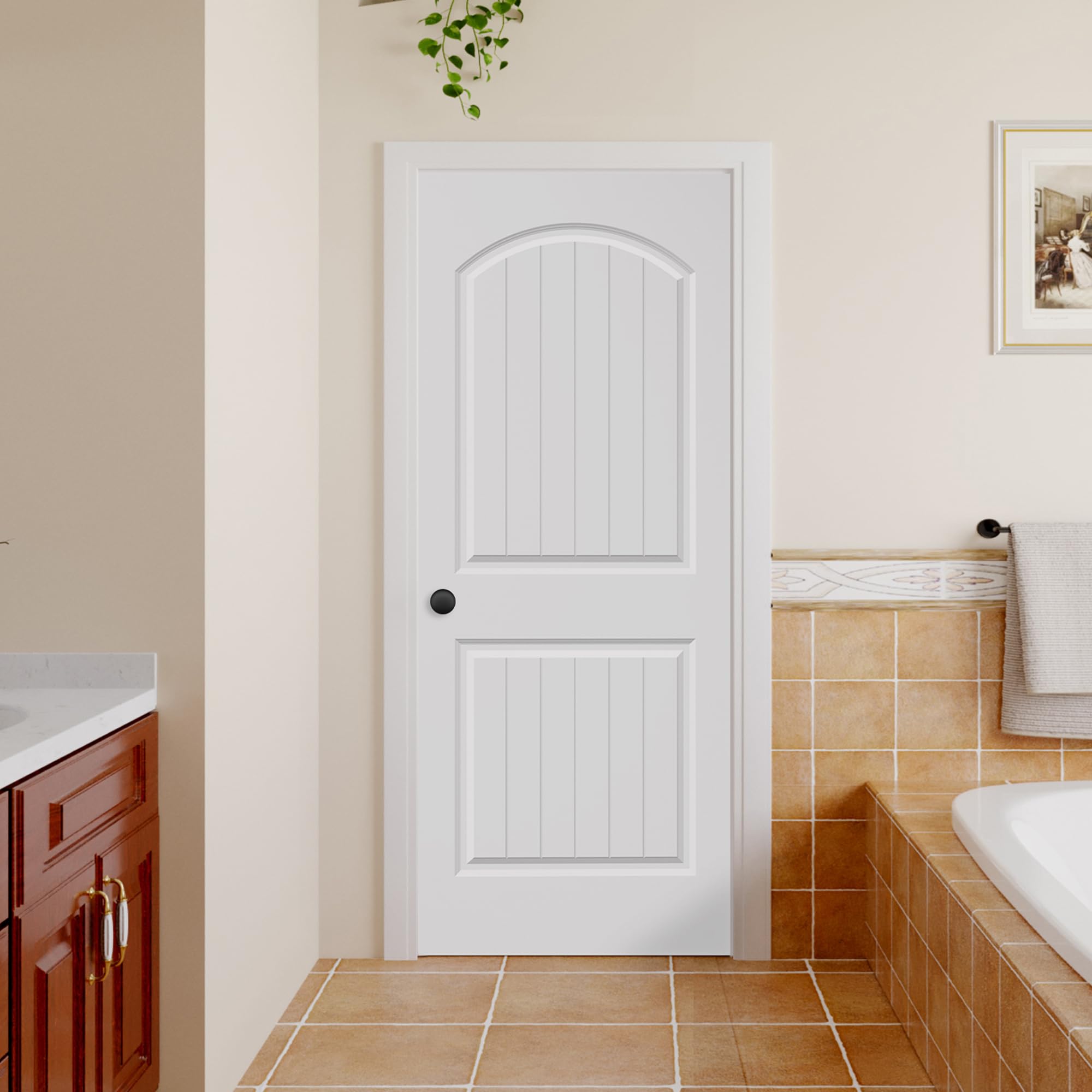 BARNSMITH 32x80 in 2-Panel Arch Top Plank Primed Interior Door