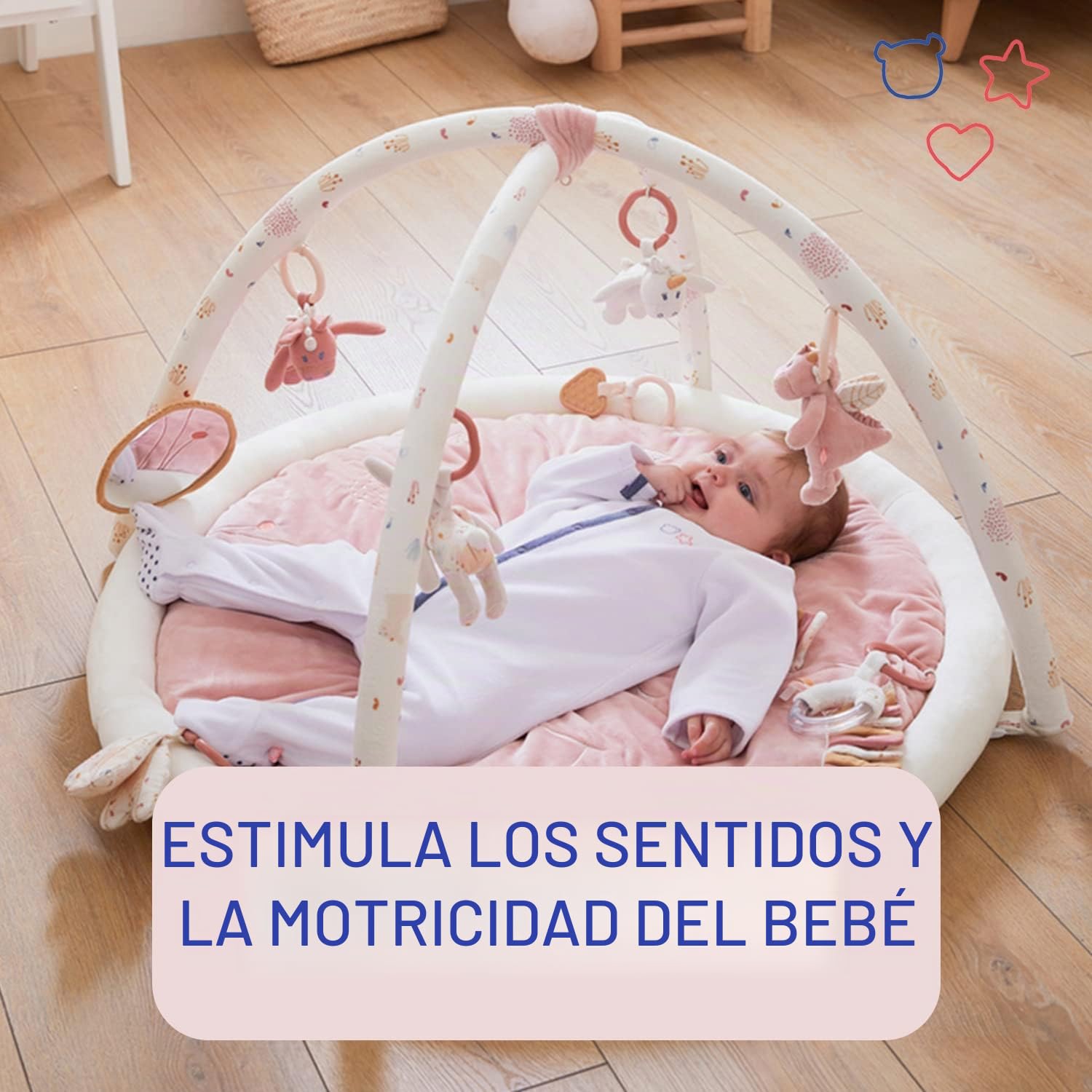 NOUKIE'S – Alfombra de Juegos para Bebé Veloudoux Lina & Joy – Alfombra Sensorial con Juguetes Colgantes – Motricidad, Desarrollo, Estimulación – Lavable a Máquina – Recién Nacido – Regalo