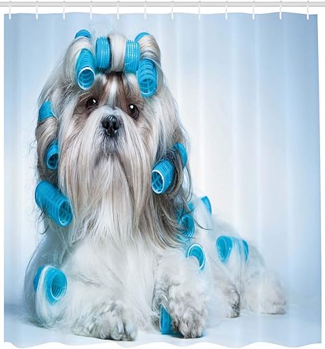 Miniatura 2 de Ambesonne Cortina de ducha para amantes de los perros, Shih Tzu para peluquería de perros, vista frontal, primer plano, juego de decoración de baño