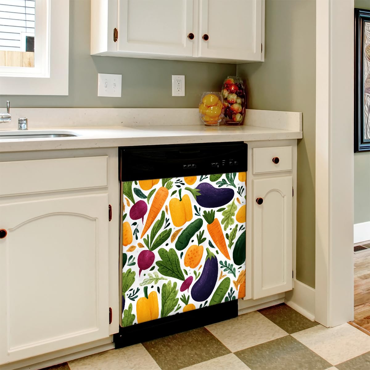 Mexpekil Adesivo decorativo per lavastoviglie con motivo di verdure in stile cartone animato, 58 x 66 cm, adesivo decorativo per lavapiatti per porta d'ingresso, impermeabile, pannello