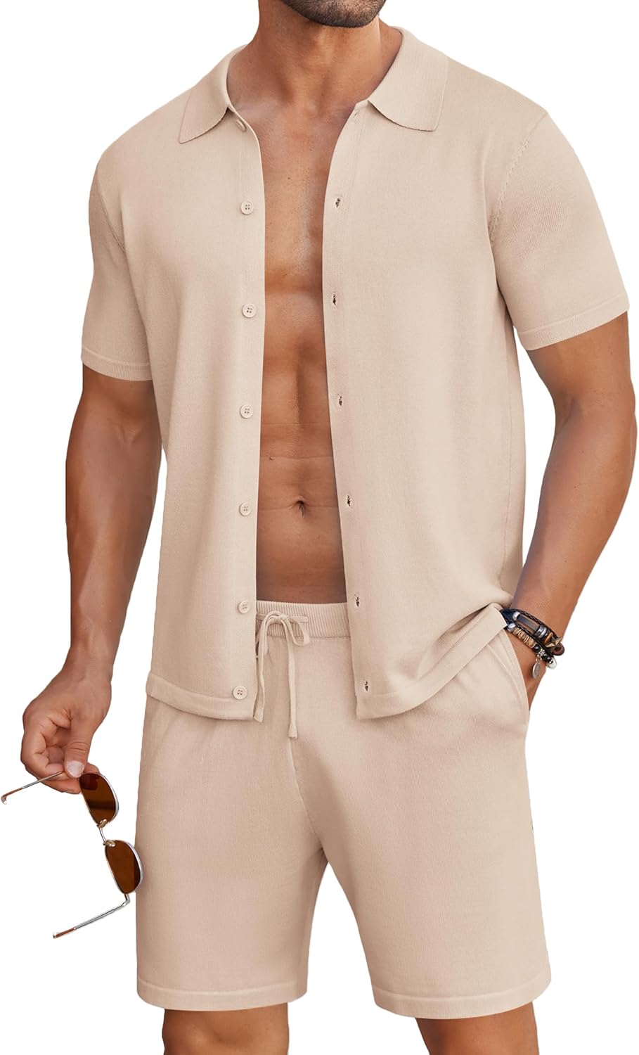 COOFANDY Men's 2 Piece Outfits Sets Casual Short Sleeve Button Down Knit Shirt and Shorts Sets Summer Beach Outfits