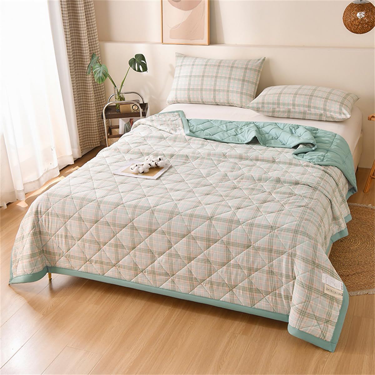 VUIKLCty Retro Checked Quilted, Reversible, Soft And Lightweight Bedspread (duvet Only)(Light Green,200x230cm)