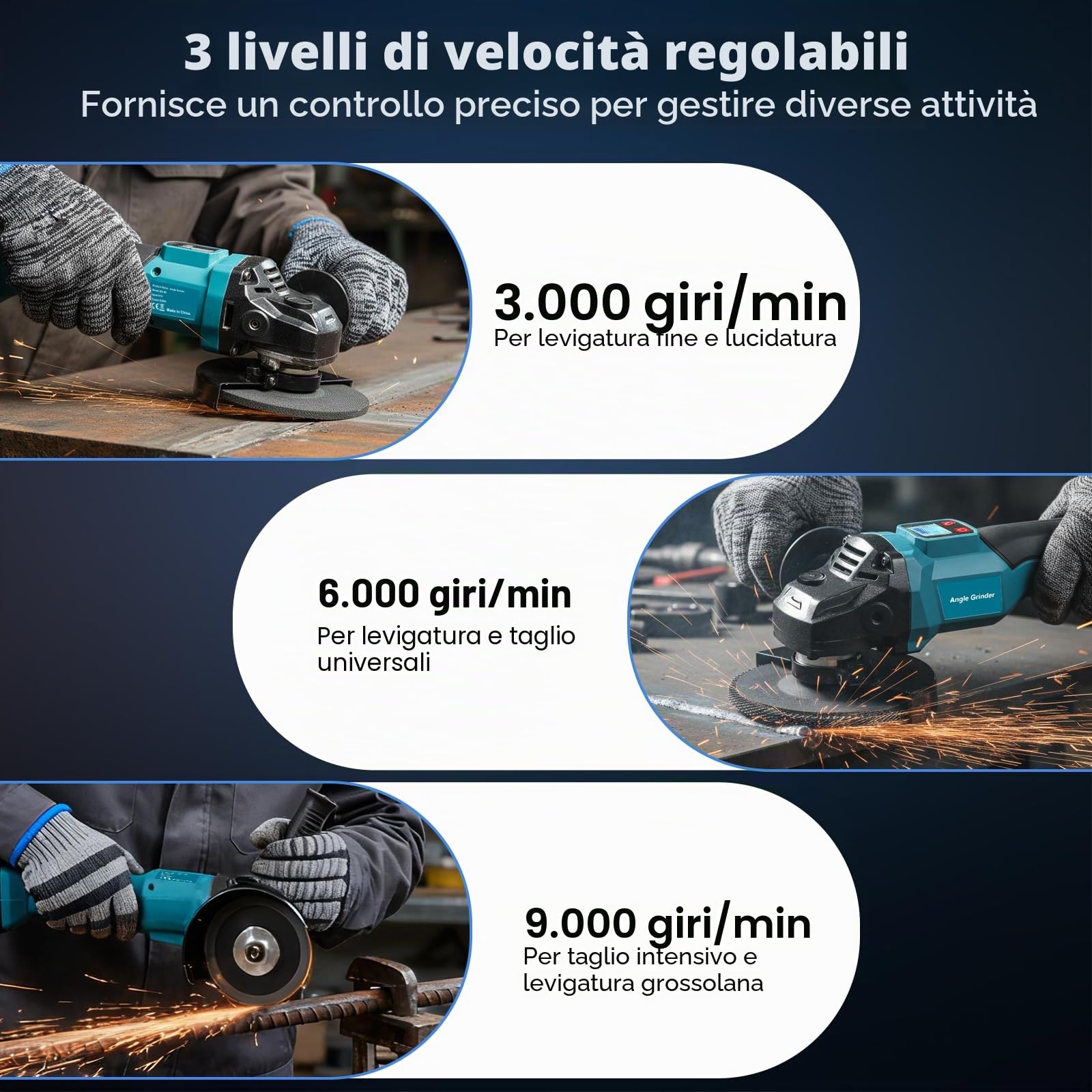 Smerigliatrice angolare a batteria Trsaow con 2 batterie da 4000 mAh, motore brushless da 800 W, 3 velocità e display LCD, 3 dischi abrasivi per metallo, pietra