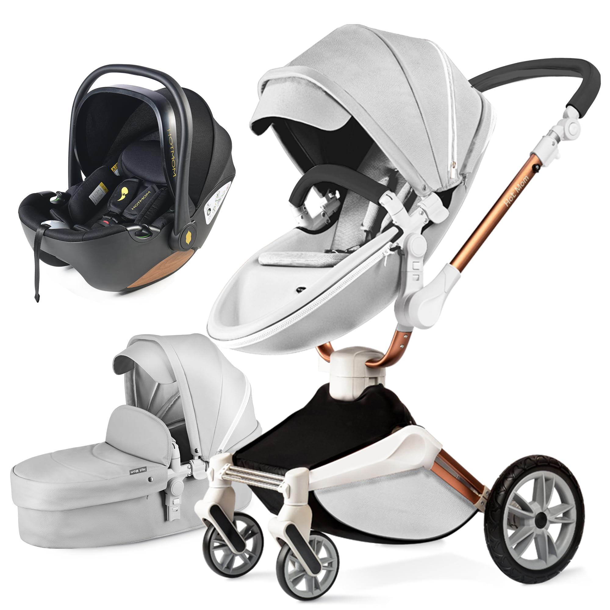 Hot Mom F023-Passeggino 3 in 1, rotazione a 360° passeggino trio per bambini,Portabicchieri/Zanzariera/copripioggia/Pneumatici grandi (F023-grigio-3)