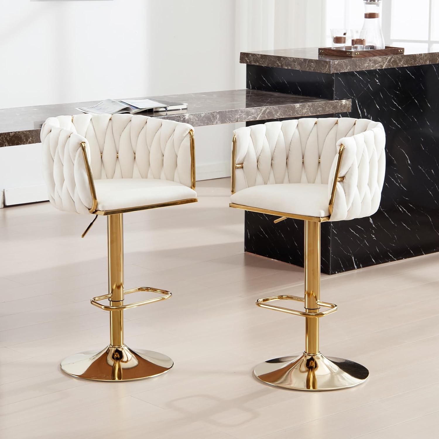 Bar Stools Set of 4, Swivel Adjustable Counter Height Chairs with Woven Back and Gold Footrest, Upholstered Velvet Fabric Barstools for Kitchen Island, Dining, Cafe, Pub, Cream
