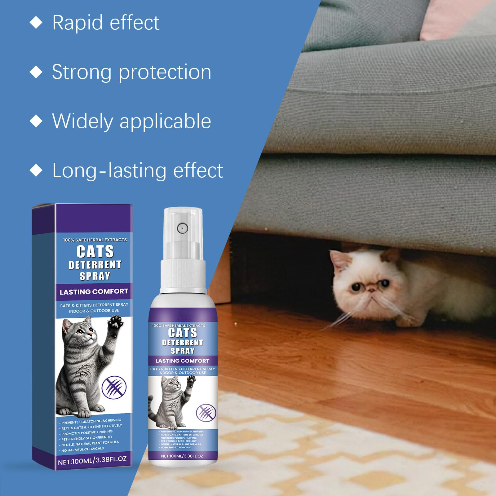 Spray Antiarañazos Gatos,100ML Spray Repelente Gatos para en Interiores y Exteriores,Sprays Ahuyentador de Gatos Que Rascan Interiores y Exteriores,Protege Muebles