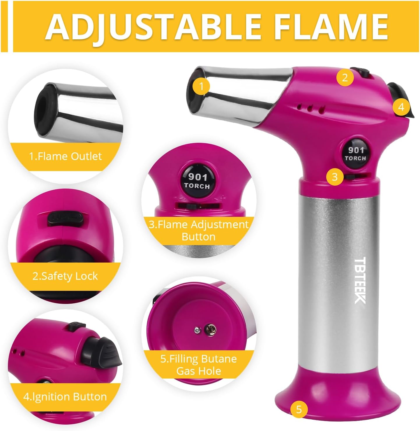 TBTEEK Cooking Torch with Butane Included, Kitchen Torch Lighter with Butane Fuel Refill Cooking, BBQ, Baking, Brulee, Creme, DIY Soldering (1Can), Pink