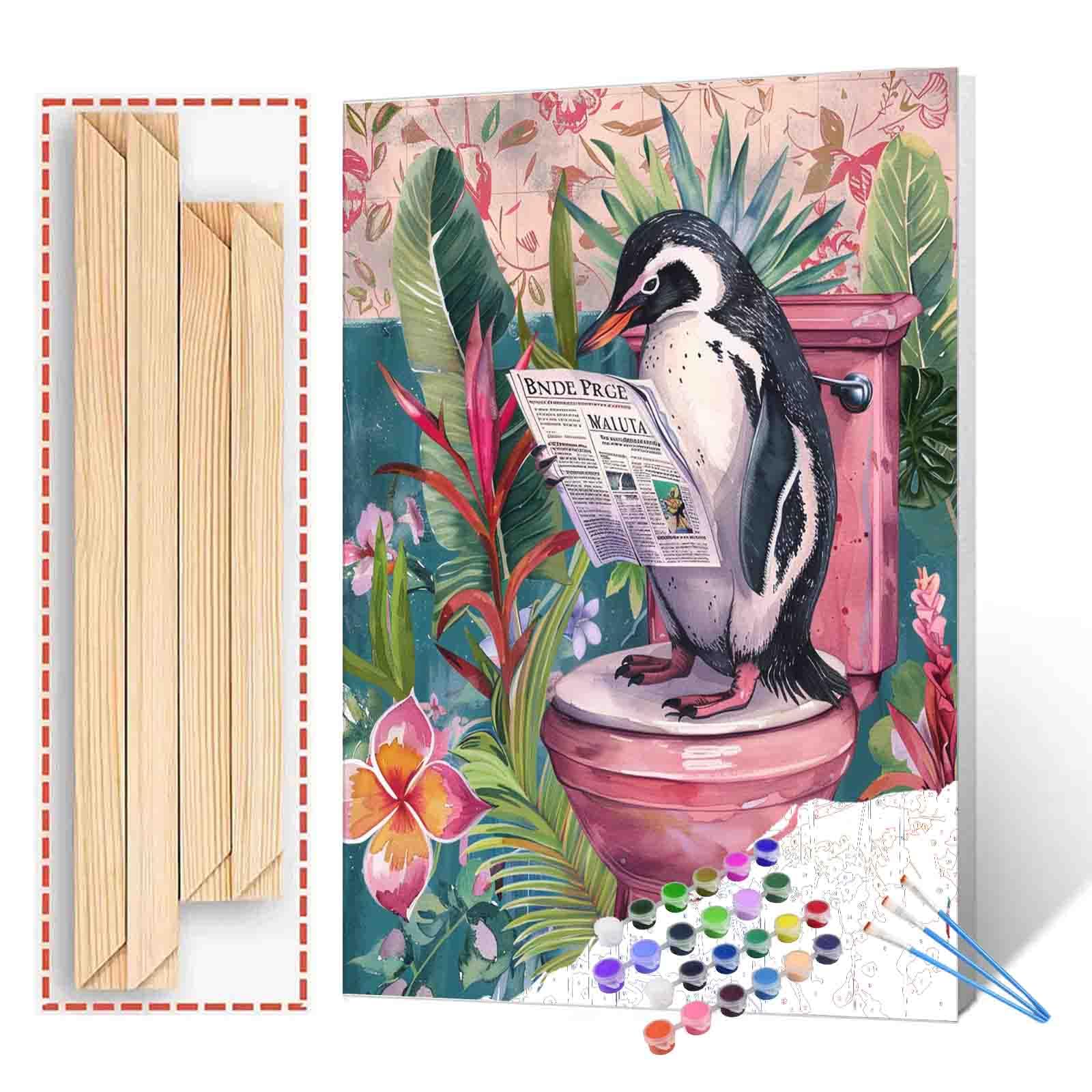 Tucocoo Penguin on Toilet Paint by Numbers Kits with Brushes and Acrylic Pigment on Canvas Painting for Adults, Funny Animals Bathroom Picture for Home Wall Decor Gifts 16''x20'' (DIY Framed) โ image 1