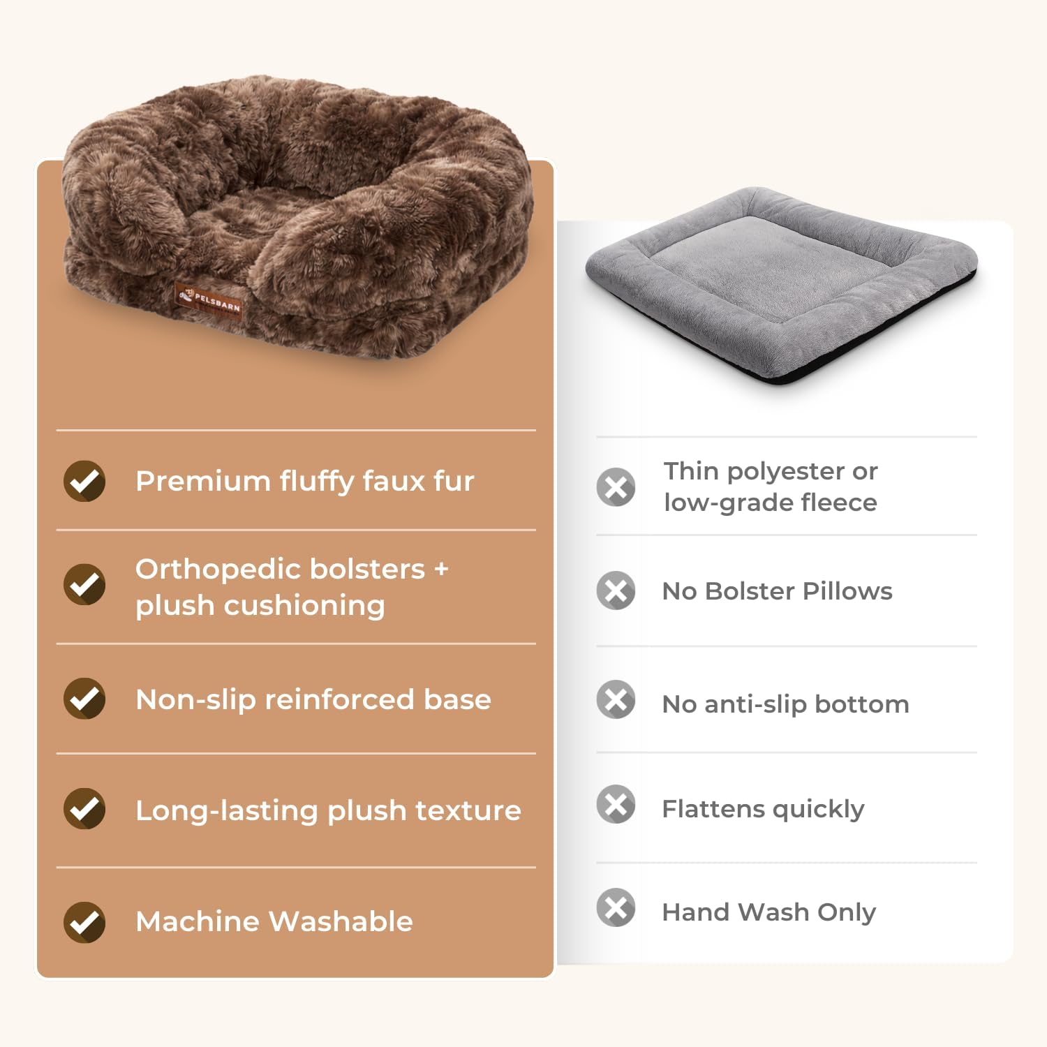Pelsbarn Luxurious Orthopedic Dog Bed - Small (19.6" x 15.7") Therapeutic Joint Support Pet Bed - Velvety Soft Removable Washable Cover - Brown