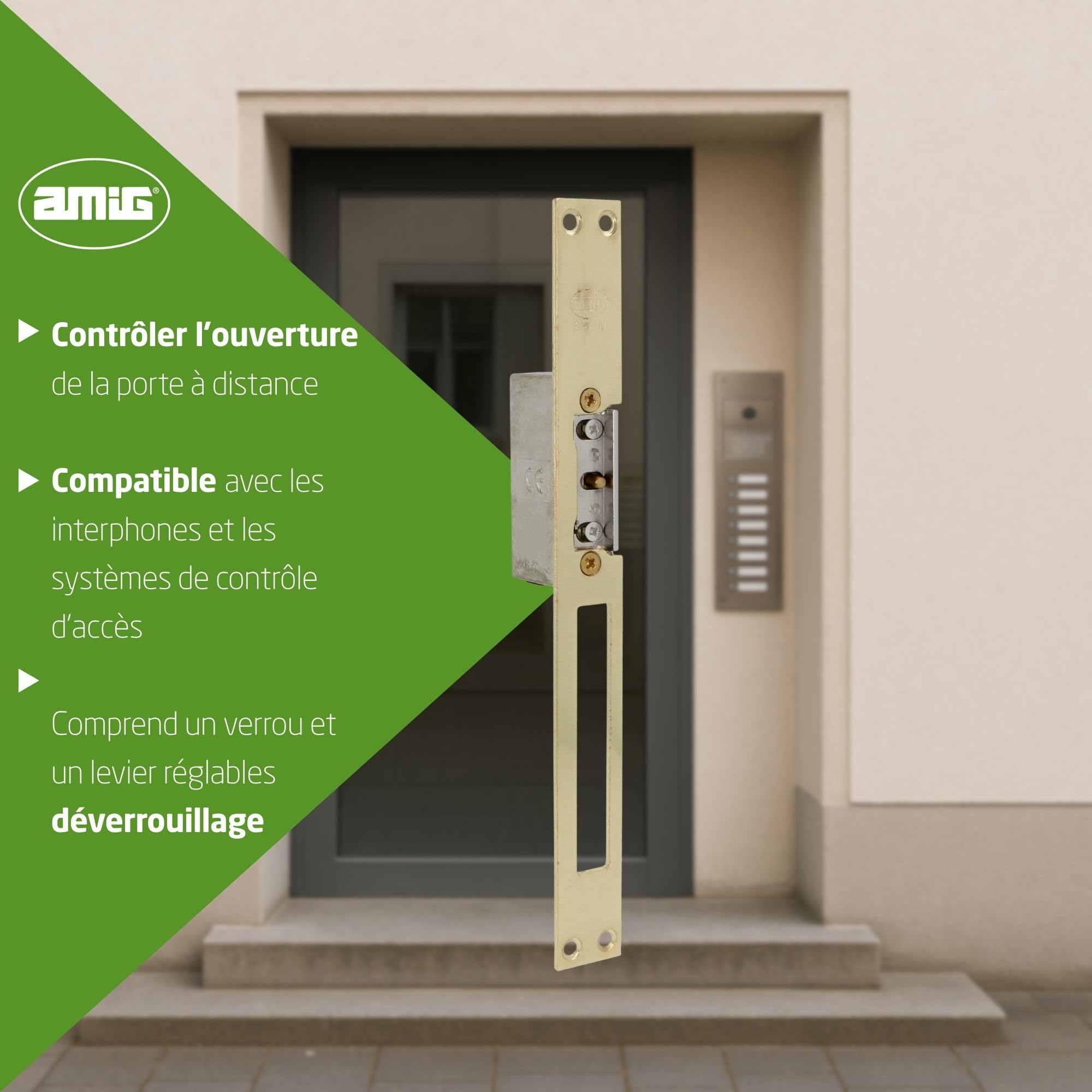 Amig - Gâche électrique encastrable pour contrôle d’accès - Compatible avec pêne demi-tour européen 13 mm - Têtière 250 x 25 mm - Acier laitonné verni - Doré - 8-12 V AC/DC - Mod. 20 avec inhibiteur