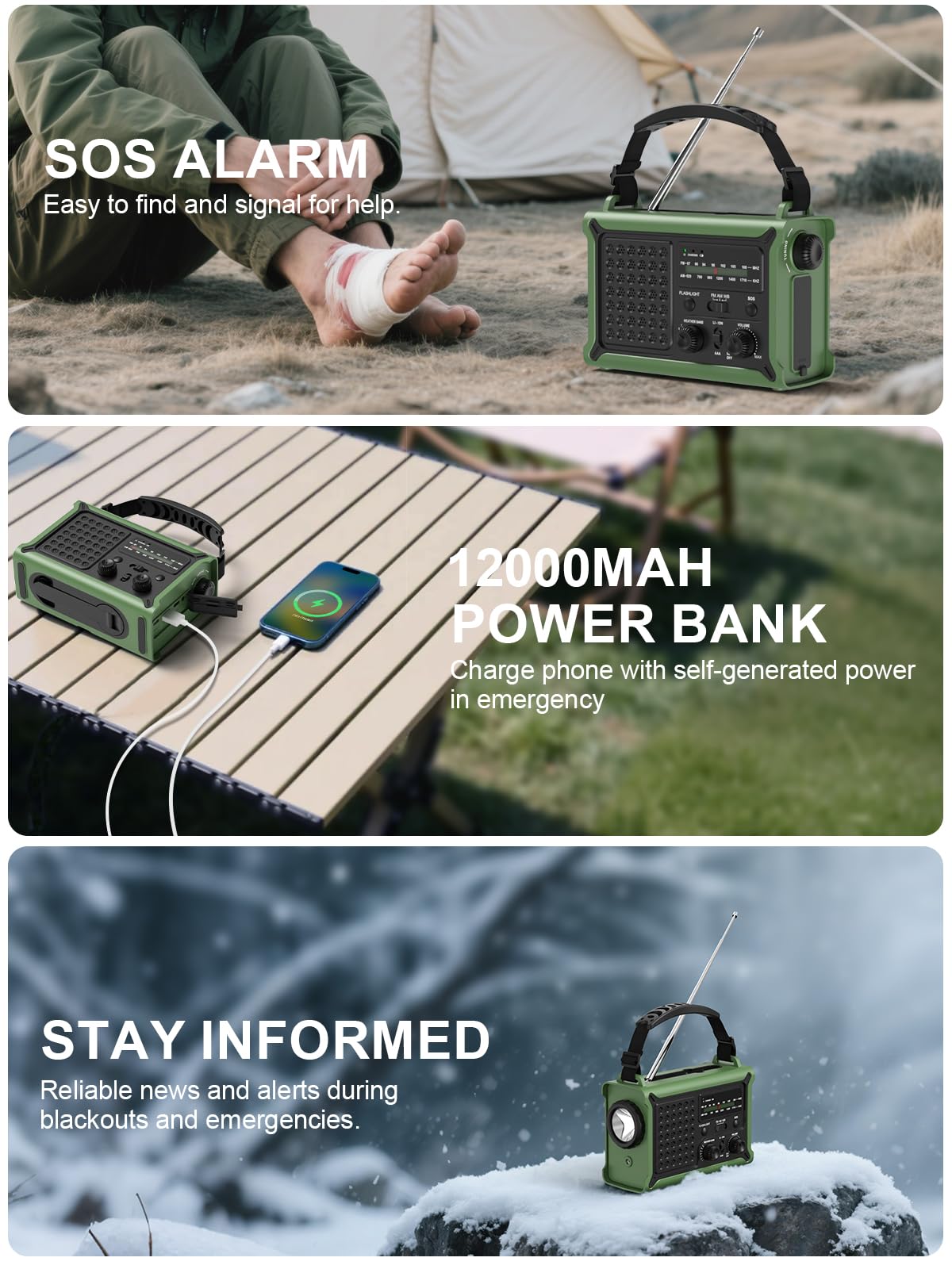 ROCAM Radio Solar de Emergencia con Manivela 12000mAh, Transistor Portátil Am/FM con Dinamo 650mA y Panel Solar 8500mm², Linterna LED, Luz de Lectura, USB, Alarma SOS – para Camping y Cortes de Luz