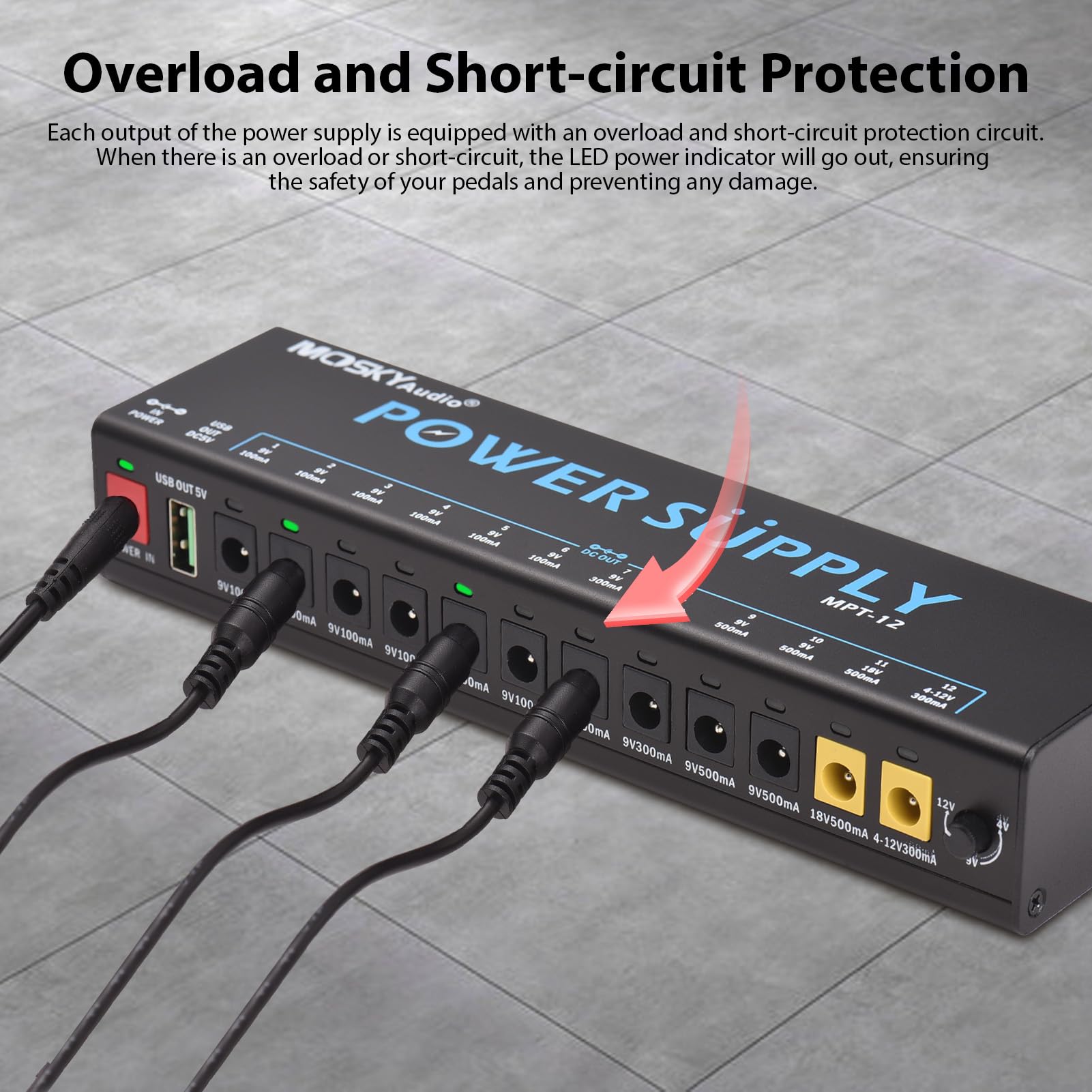 12-Kanal-Netzteil für Gitarrenpedale mit unabhängigem Kurzschlussschutz, LED-Betriebsanzeige, USB-Ausgang, Pedalboard-Netzteil für Gitarreneffektpedal und andere tragbare Geräte