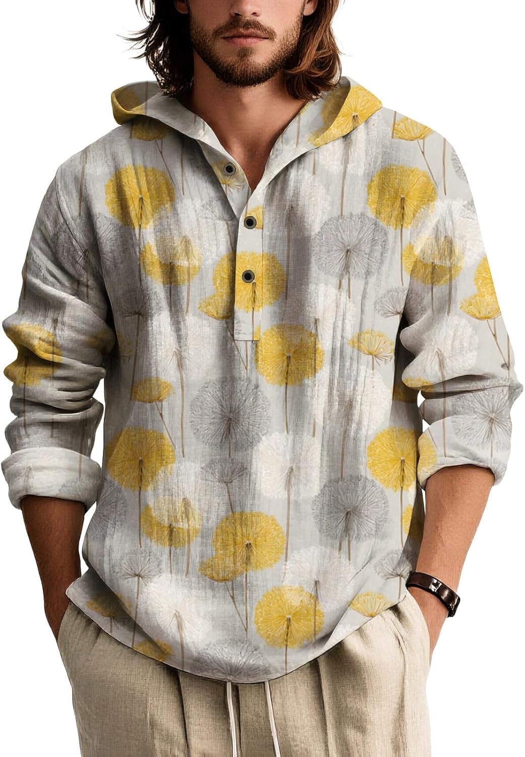 Mens Long Sleeve Hooded Shirt Botanical Print Lightweight Casual Pullover Button Neck Roll Up Sleeves Beach Wear