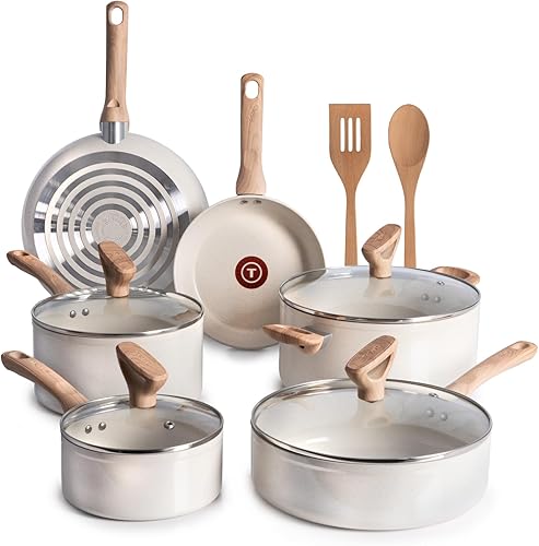 T-Fal Revive Juego de Utensilios de Cocina Antiadherentes de Cerámica, Apto para Horno hasta 350F, 12 Piezas, Incluye Olla Grande, Cacerola, Sartén,