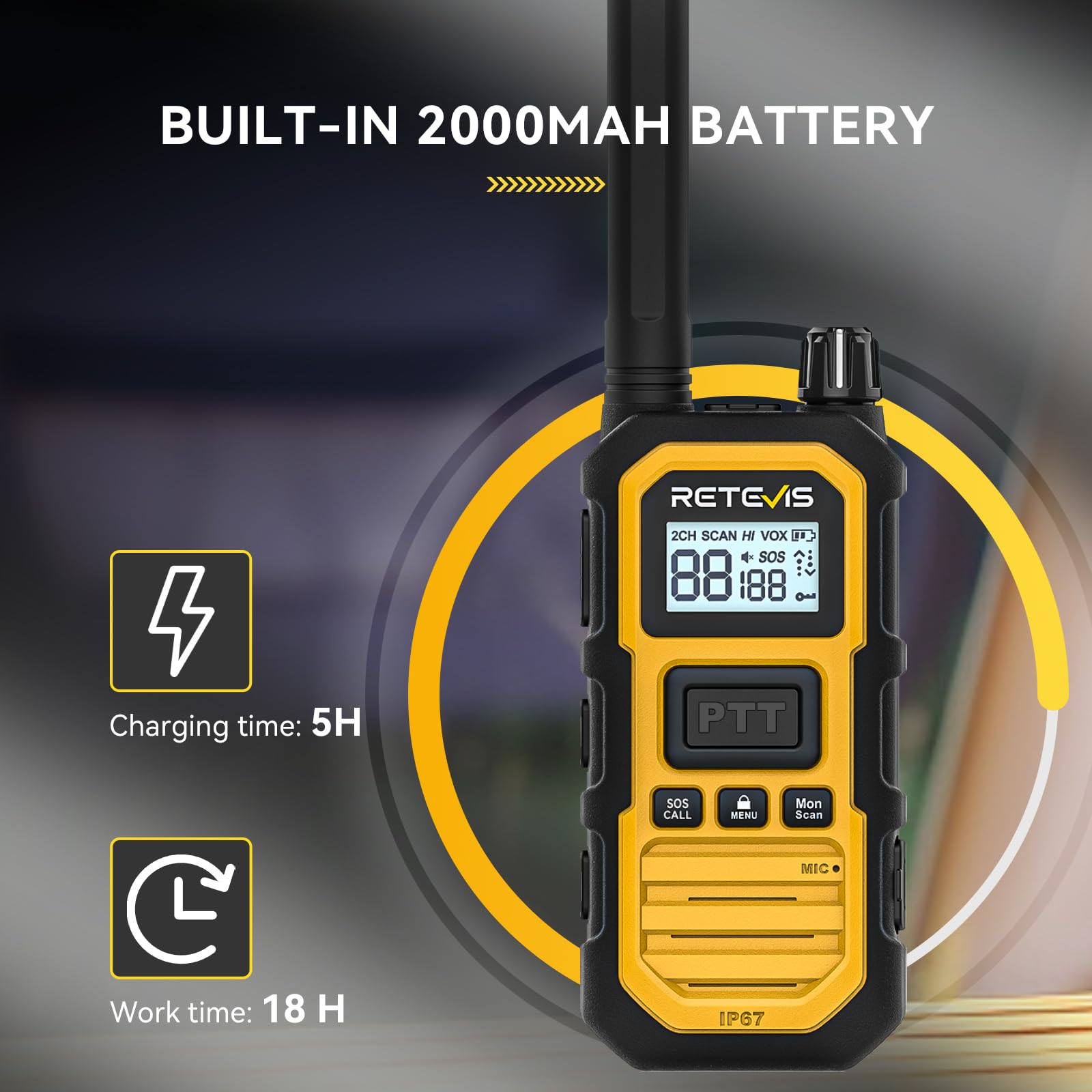 Retevis RB648 Plus Talkie Walkie Longue Portée, Radio Bidirectionnelle Étanche IP67, 2000mAh, Alarme d'urgence, Talkie-Walkie Professionnel de Mise à Niveau pour Le Camping (2 Pièces, Jaune)