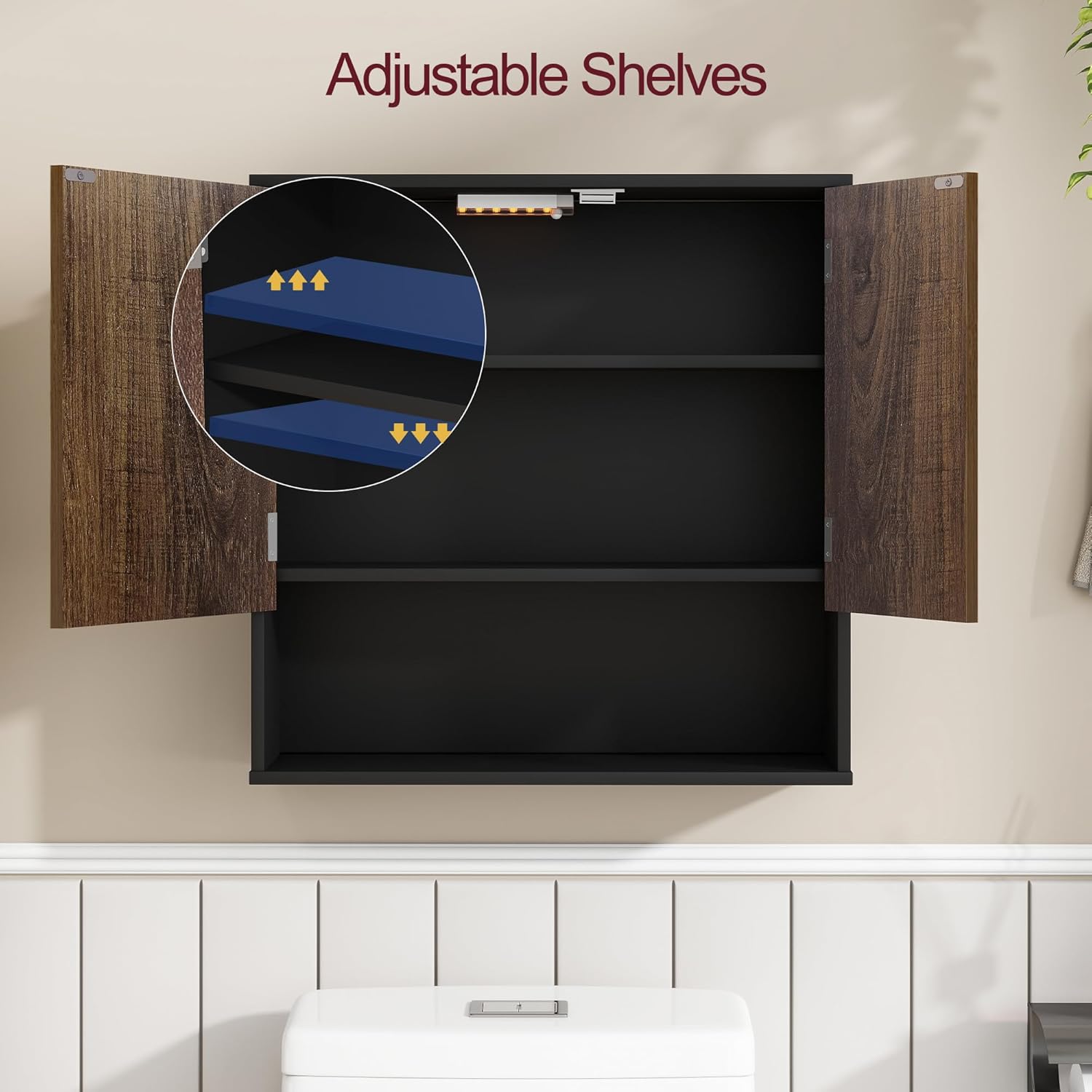 Bathroom Wall Cabinet With Mirror,wall mounted bathroom cabinet,Medicine Cabinet with 2 Door ,Side Hook,Light and Adjustable Shelves,Black Cabinet with Wood Grain,Over The Toilet Space Saver Cabinet.