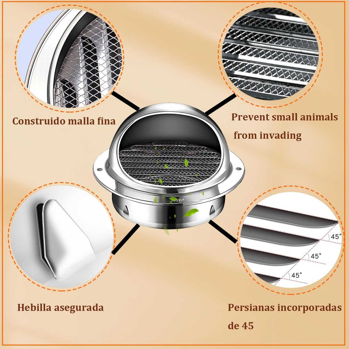 Rejilla de ventilación Exterior Impermeable de 50 mm a 300 mm, Cubierta extractora, Campana extractora, Rejilla de ventilación Exterior de Acero Inoxidable, Rejilla de Escape, para armarios