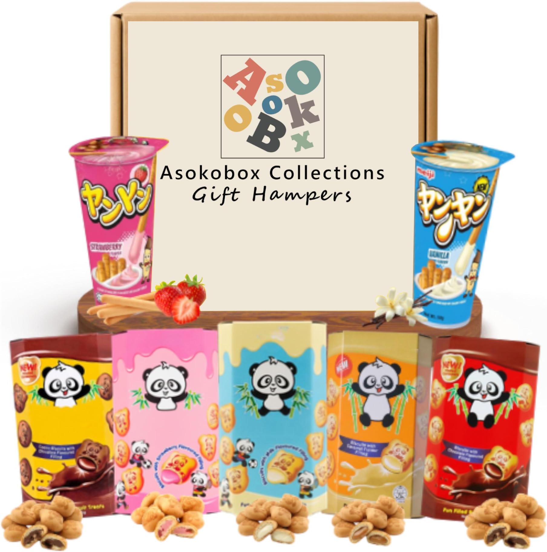 Kawaii Asian Sweets Hamper Gift Set Japanese and Korean Snack Box Biscuit Sticks & Chocolate Filled Bites 7 Pack, Sweet Treat Variety, Gift Box, Asian Snacks Assortment