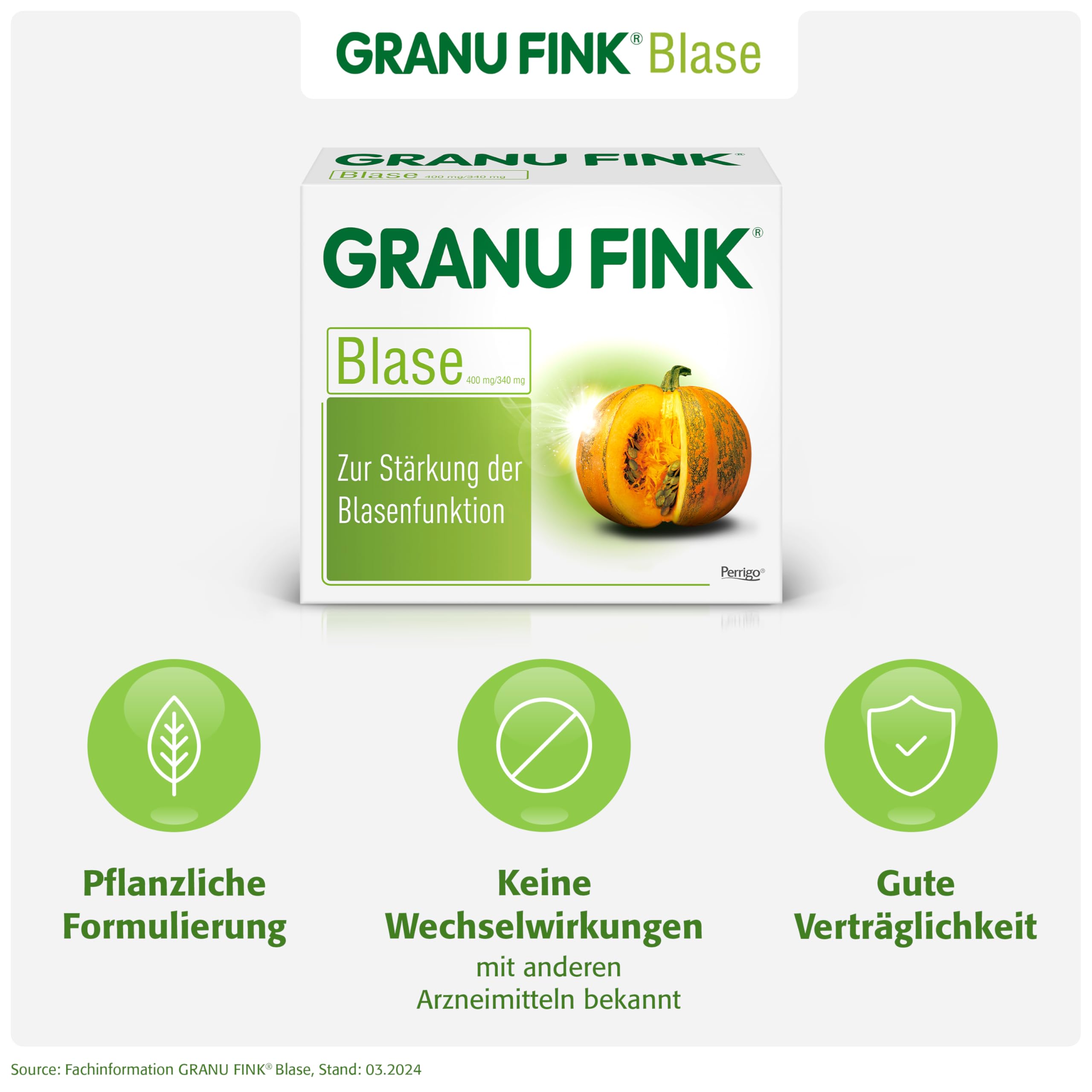 GRANU FINK Blase – Pflanzliche Kürbissamen-Kapseln zur Stärkung der Blasenfunktion bei Blasenschwäche – Hergestellt in Deutschland – Für Männer und Frauen – 100 Hartkapseln