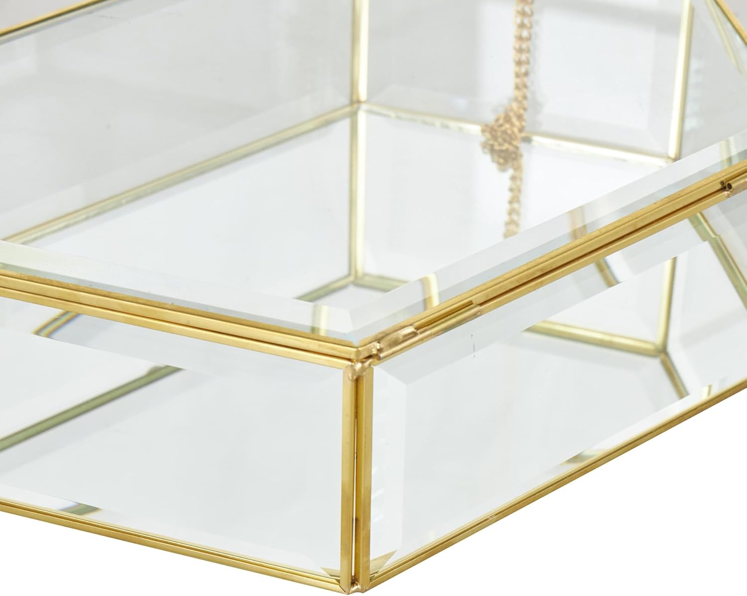 Deco 79 Glass Geometric Decorative Jewelry Box Beveled Hexagon Jewelry Organizers with Gold Metal Frame and Chain Accent, Set of 2 Jewelry Holder 10", 8"W, Clear