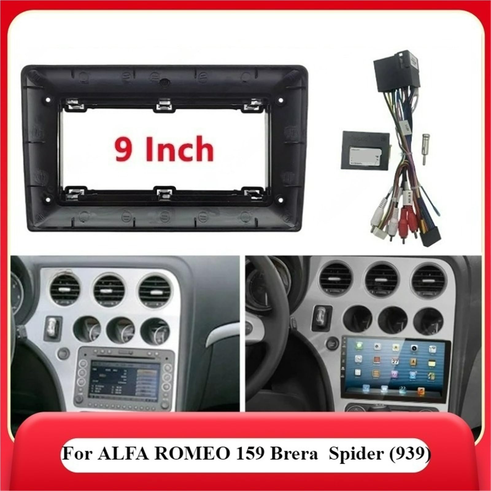 Montaje Autoradio Marco Compatible con Alfa Romeo 159 Brera Spider (939), Marco de Coche 9 Pulgadas, Adaptador Fascia, Caja Canbus, decodificador Radio, Tablero