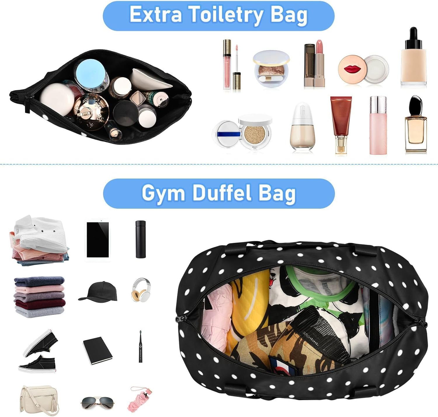 White Dots on Black Background Travel Tote Bag Gym Sports Carry with Toiletry Bag for Yoga Waterproof