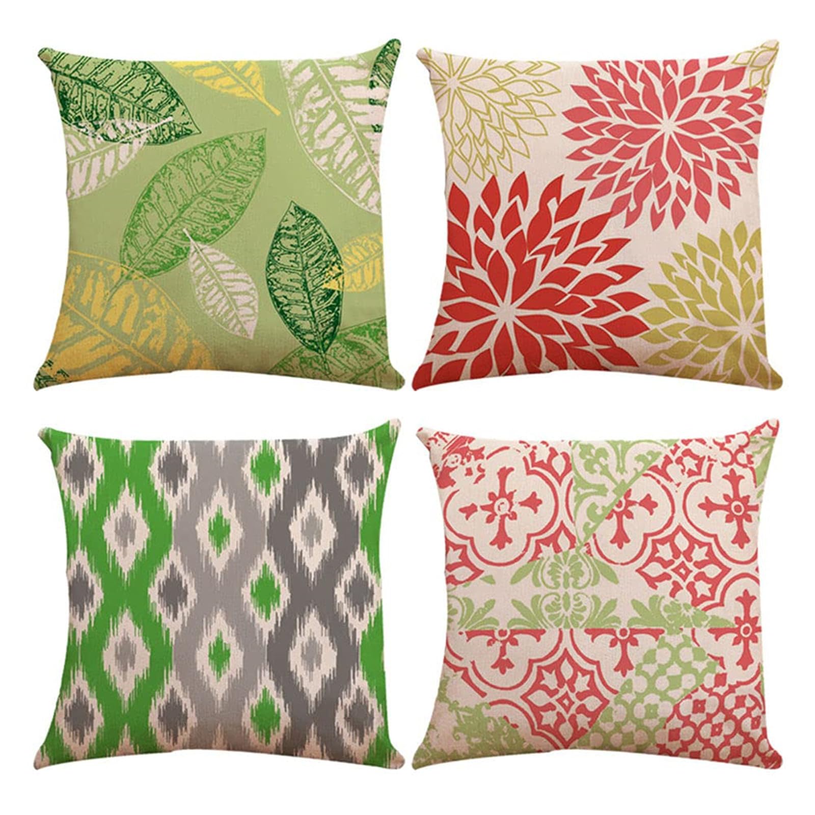 Housse de coussin 50x50cm vert et rouge en lin pour canapé et salon - Lot de 4
