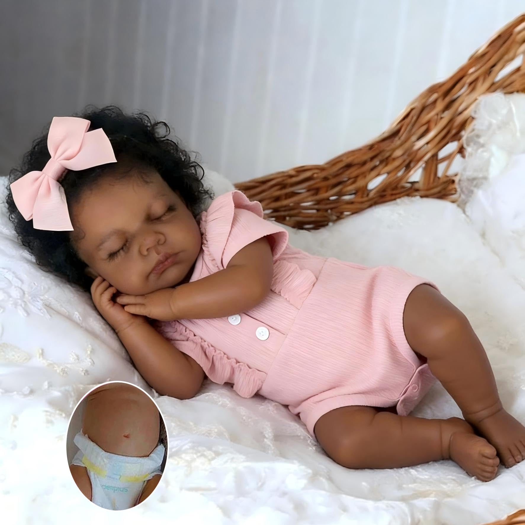 Pinky Reborn Baby Dolls Girl Black 20 Inch Full Body Vinyl Doll Girl Realistic African American Newborn Realistic Doll Toy for Kids Age 3+