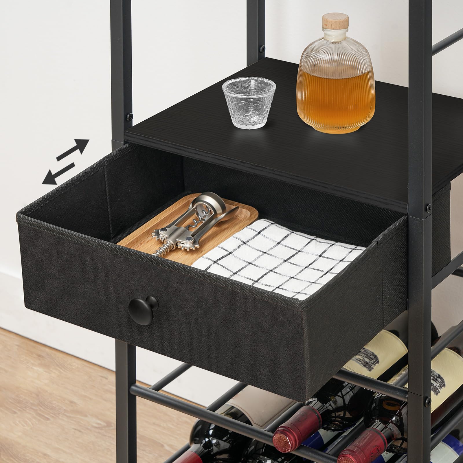HOOBRO Scaffale Porta Vino, Portabottiglie a 6 Livelli con Porta Calici, Organizzatore da Bar per Bottiglie di Vino, con Cassetti e Ganci, per Cucina, Sala da Pranzo, Schwarz EBB10JJ01