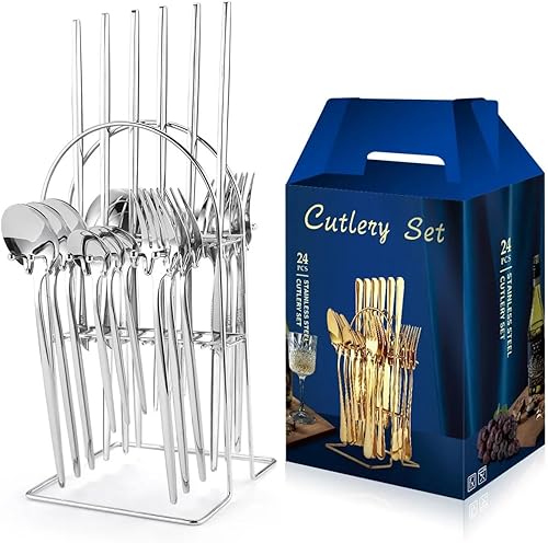Juego de cubiertos de acero inoxidable, 24 piezas, cuchillos, tenedores, cucharas, cubiertos, juego de vajilla de cocina para 6 personas (color
