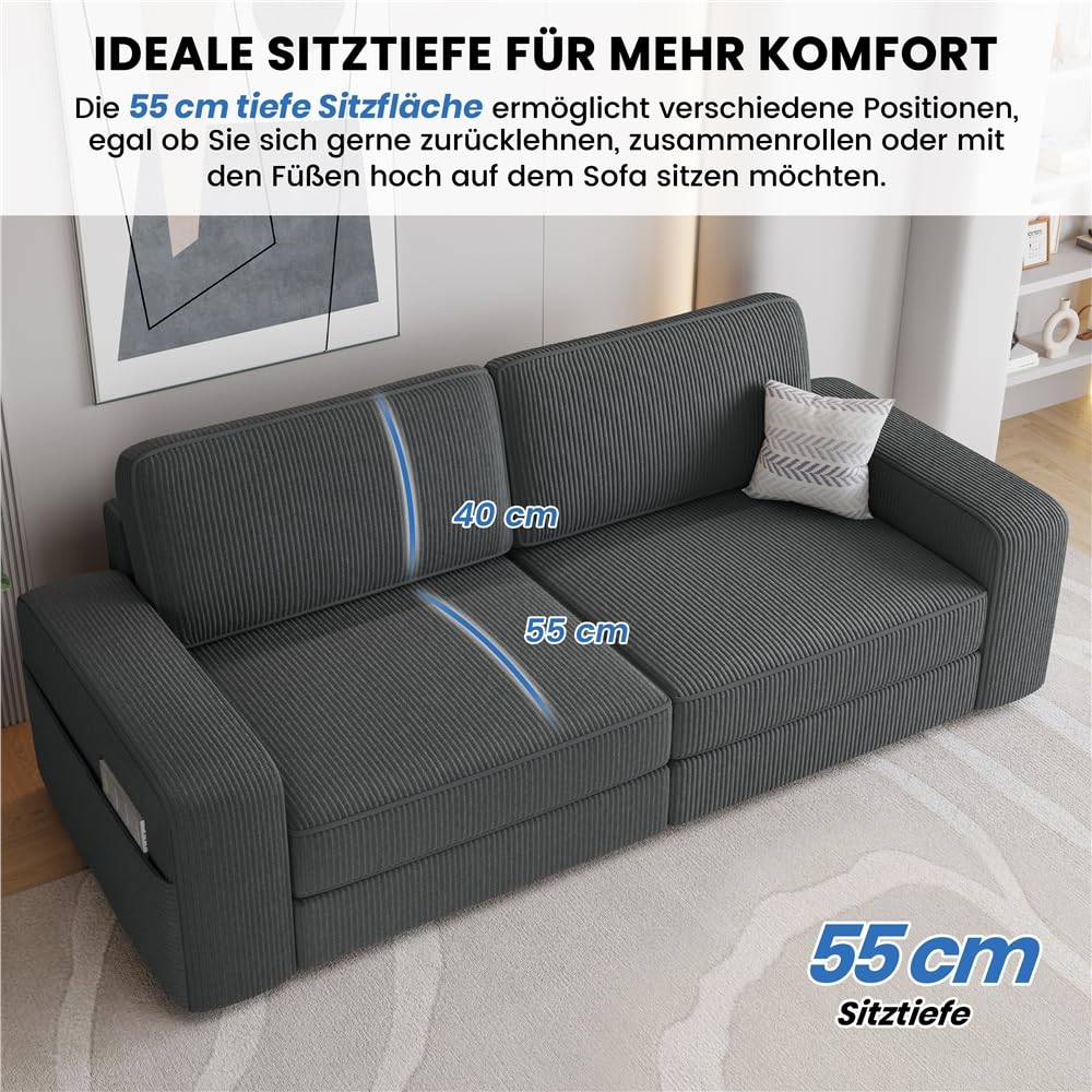 Yaheetech Sofa 212 x 83,5 cm Polstersofa aus Cordstoff mit Abnehmbare Kissen und Rückenlehnen Couch mit Breite Armlehnen für Wohnzimmer/Schlafzimmer Dunkelgrau
