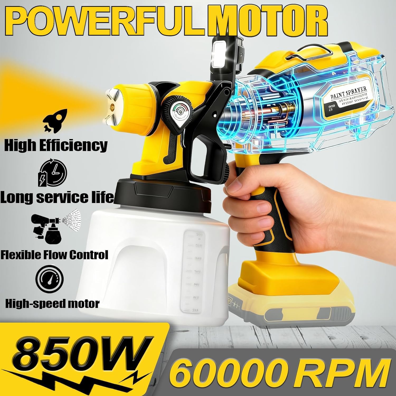 Cordless Paint Sprayer Compatible with DEWALT 20V MAX Battery 850W Powerful Motor 1400ML Capacity HVLP Paint Sprayer Electric 3 Sprayer Modes Equipped with LED Light 6 Brass Nozzles (No Battery)