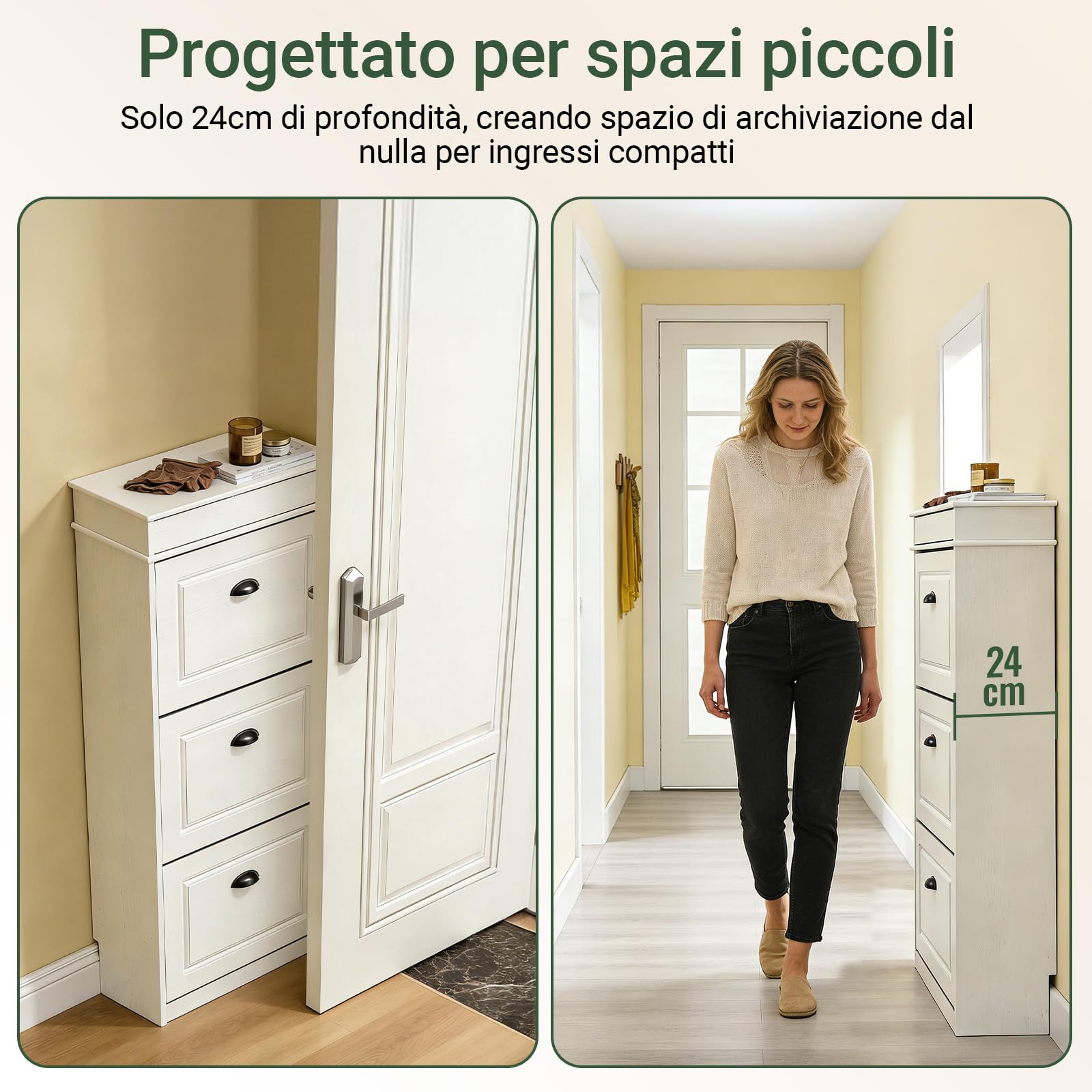 SoBuy Scarpiera Salvaspazio Slim Legno Bianco, Mobiletto Ingresso con Cassetto, Mobile Scarpiera Ingresso Stretto Vintage, Design Moderno 54x24x120 cm, FSR94-WG