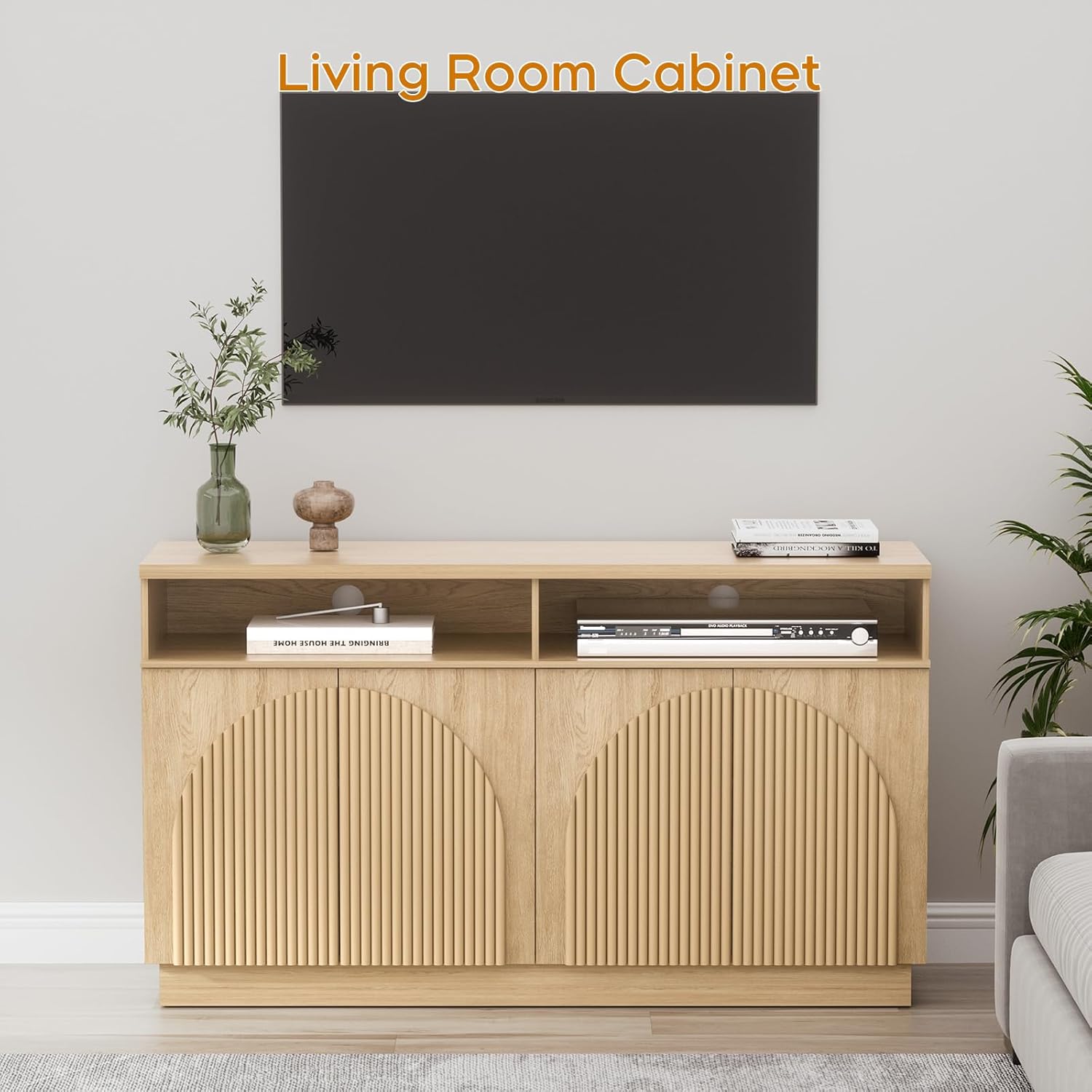 Yechen Fluted Sideboard Buffet Cabinet with Arched Reeded Doors, Mid Century Modern Credenza Storage Cabinet with Adjustable Shelves, TV Stand, for Living Room Kitchen Dinning Entryway/Natural Oak