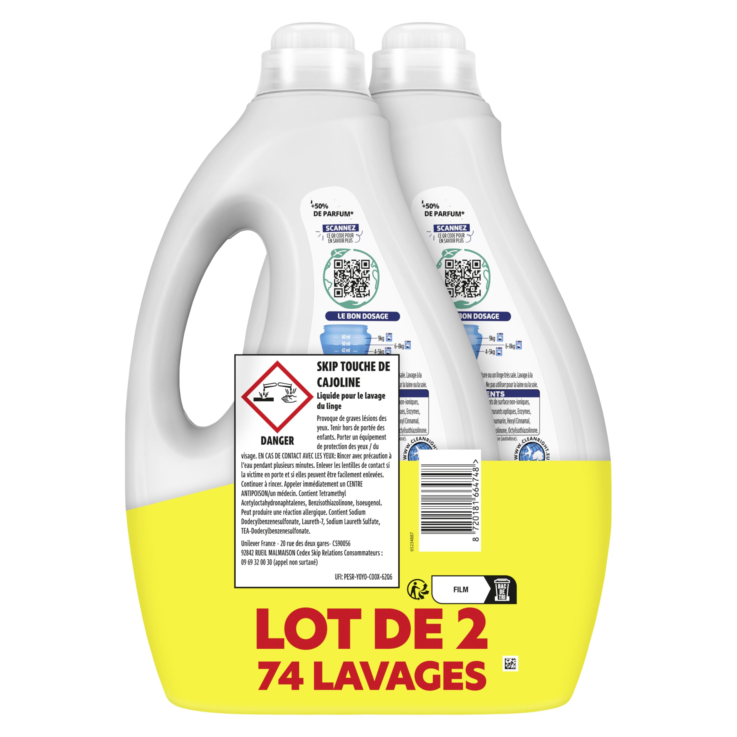 Skip Lessive Liquide Tout en 1 Touche de Cajoline, 74 Lavages | Lessive liquide efficace sur les taches, apporte douceur et parfum frais longue durée, adaptée aux cycles courts dès 30C