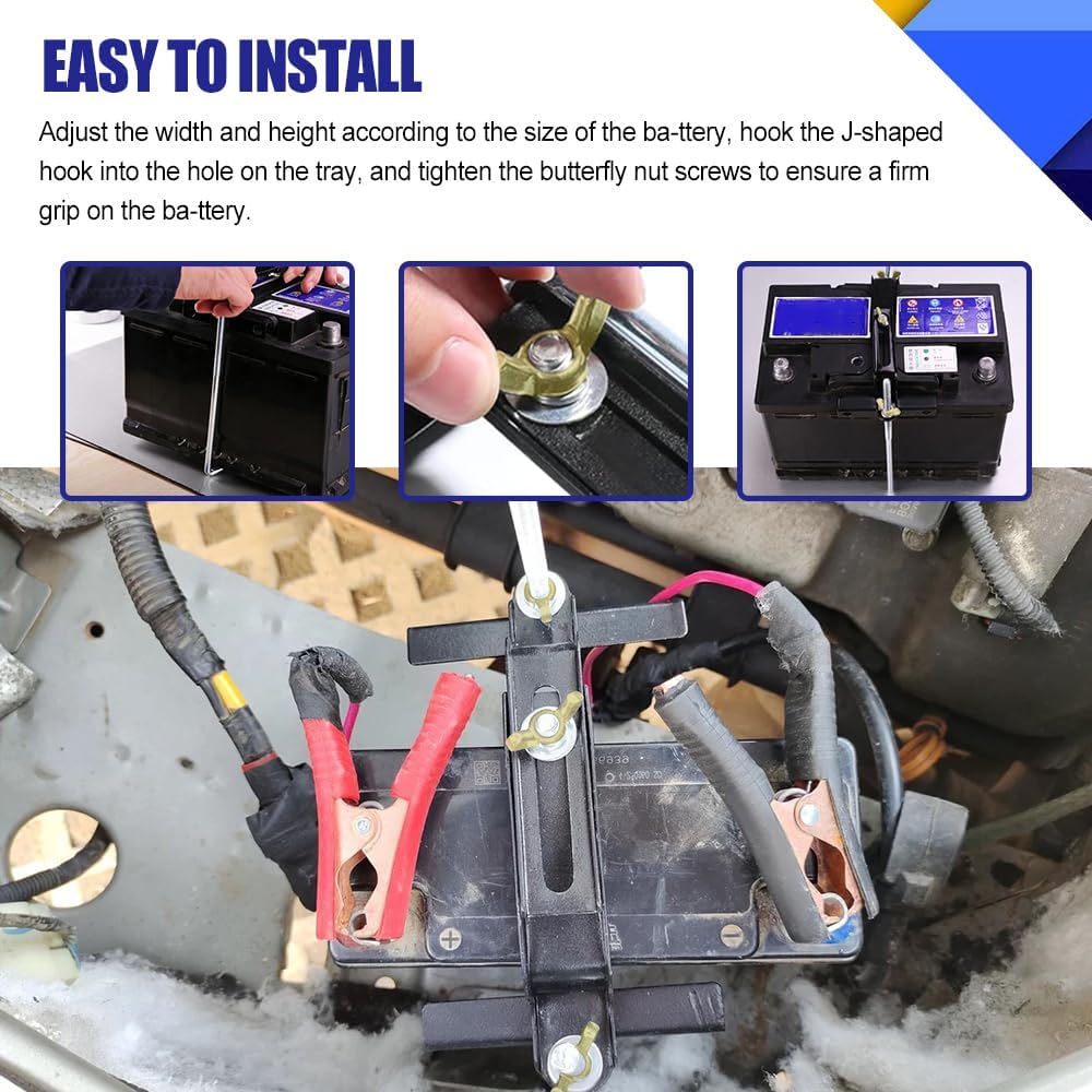 Adjustable Battery Hold Down, Universal Adjustable Battery Crossbar with J Bolt, Rust-Resistant Battery Tie Down Holder Kit for Cars SUVs